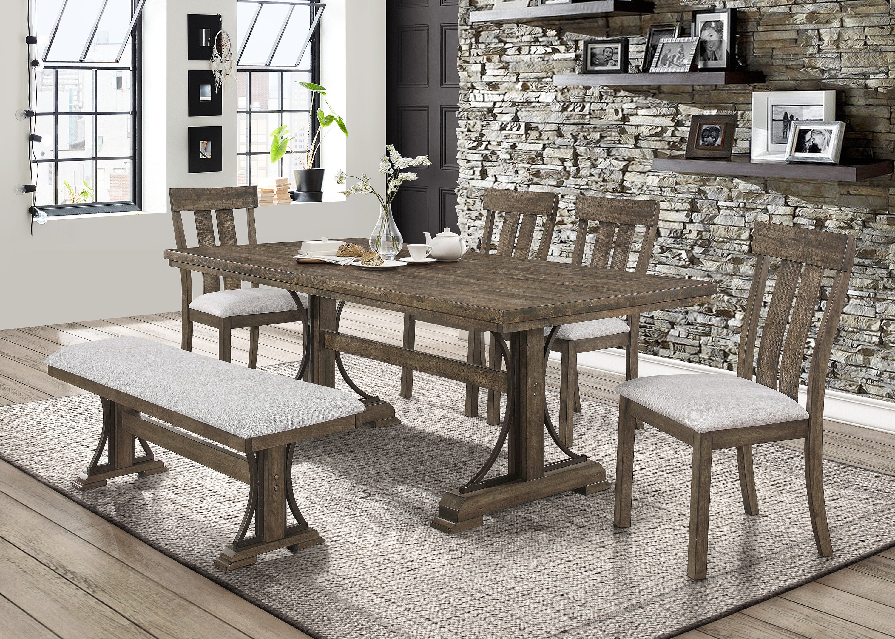 2pc Brown Oak & Gray Fabric Dining Chairs - Rustic Farmhouse Style Wooden Furniture with Upholstered Seats - Perfect for Kitchen, Dining Room & Country Home Decor