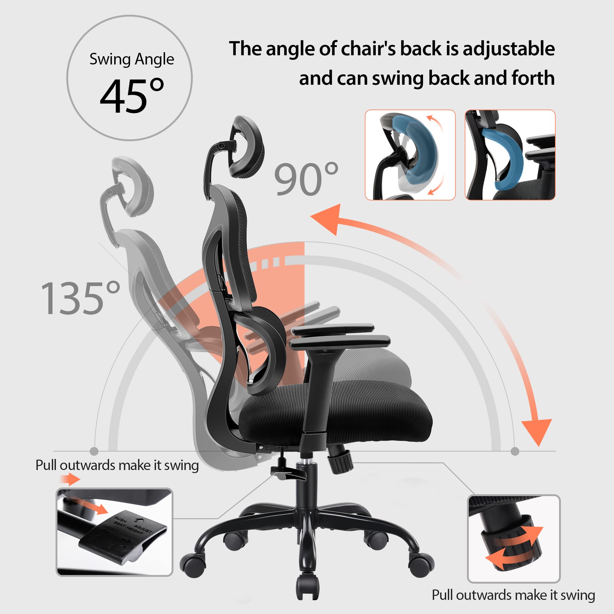 FelixKing Ergonomic Office Chair - High Back Mesh Computer Chair with Adjustable Lumbar Support, Headrest & Armrests - Comfortable Gaming & Desk Chair for Home, Office & School (Black) - Perfect for Long Work Hours, Online Classes & PC Gaming Sessions