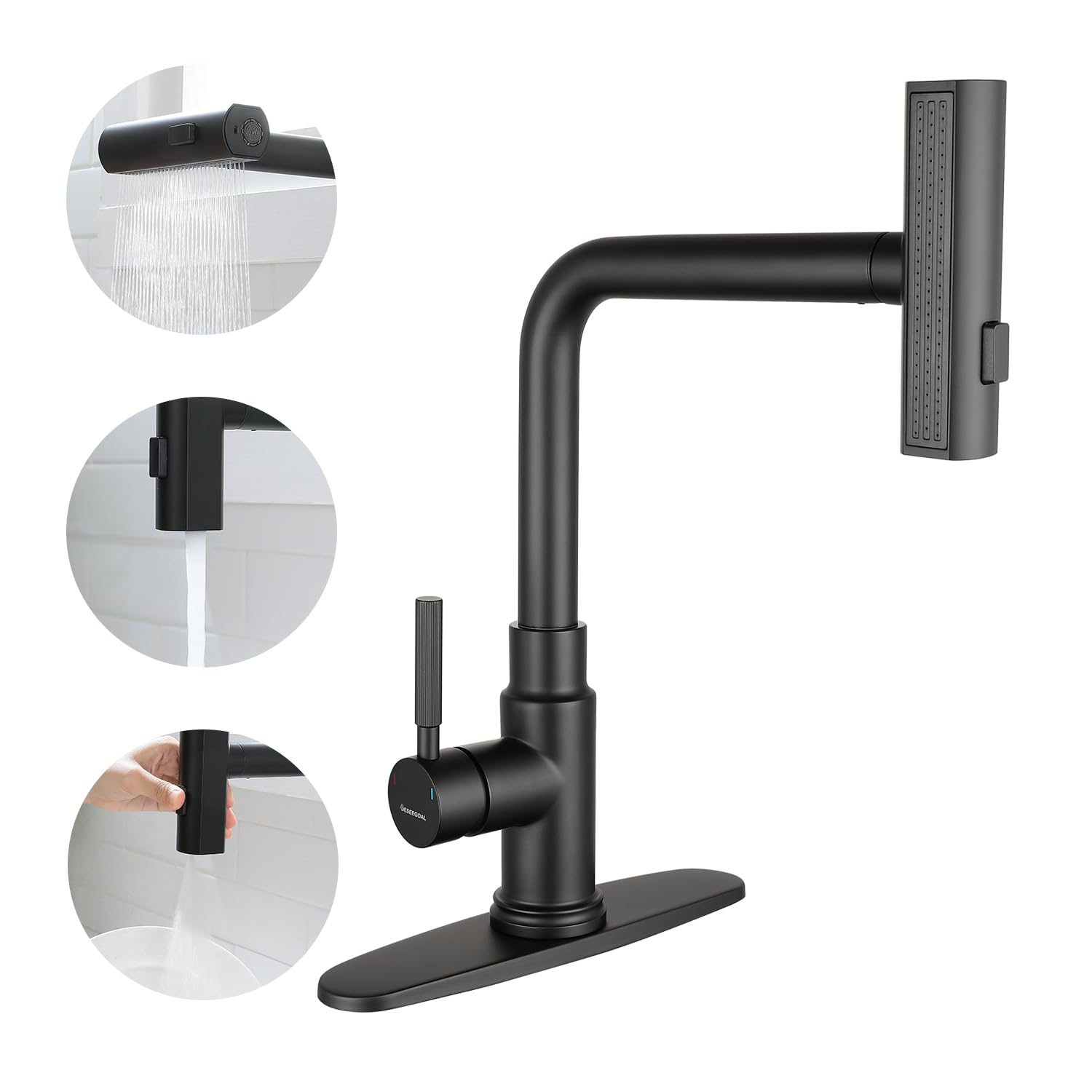 360° Rotatable Black Waterfall Kitchen Faucet with 3-Function Pullout Sprayer - Single Handle Design for 1 or 3 Hole Installation - Perfect for Modern and Farmhouse Kitchen Sinks