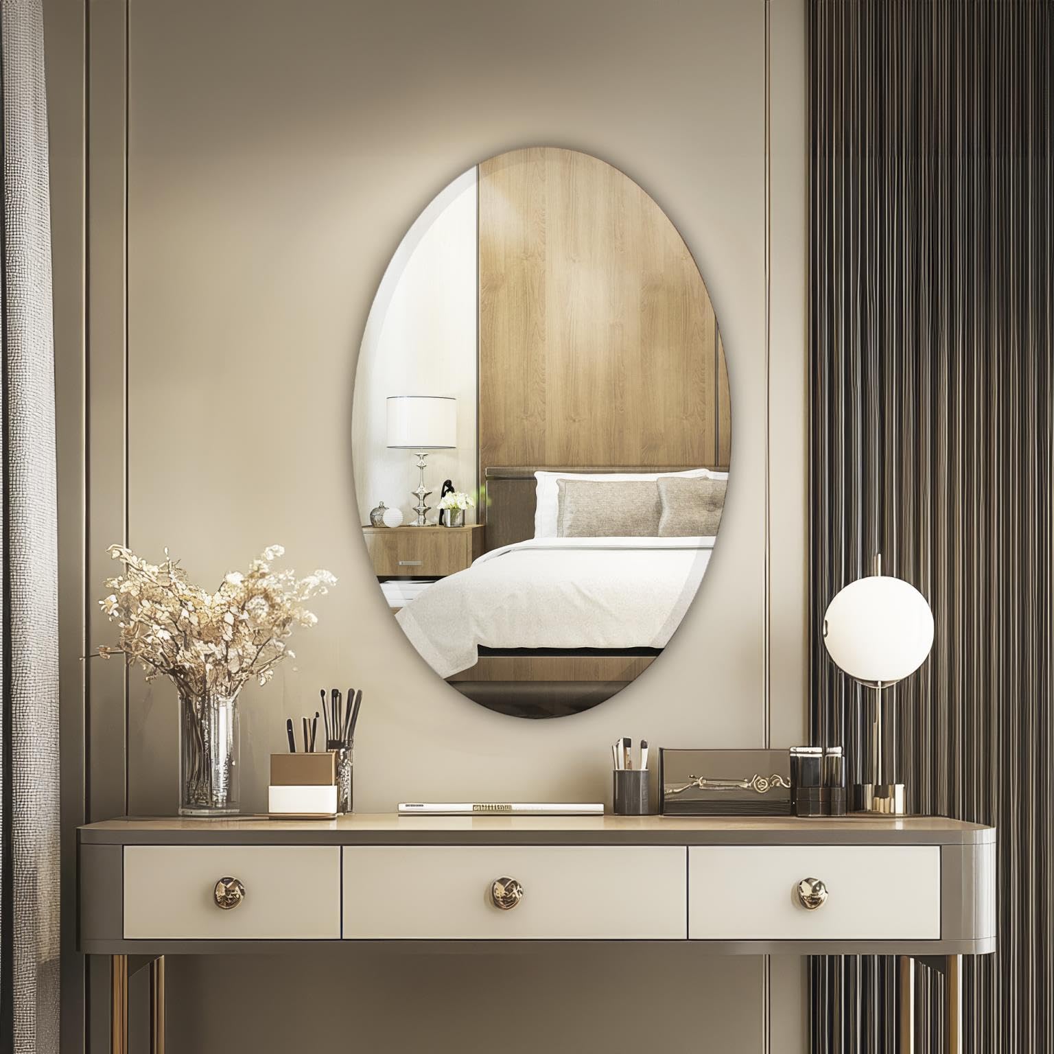 Howard Elliott Frameless Silver Oval Wall Mirror - Elegant Beveled Edge Modern Bathroom Vanity Mirror for Entryway & Bedroom Decor (24x36 Inches) - Perfect for Makeup, Home Decor & Space Illusion