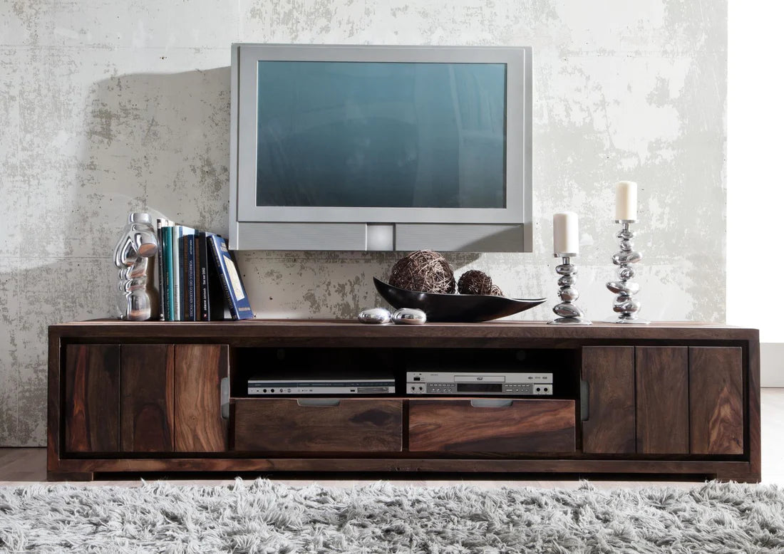 Gfine Solid Sheesham Wood TV Stand with 2 Doors & 2 Drawers - 175x45x47Cm Modern Entertainment Center for Living Room, Bedroom & Home Theater