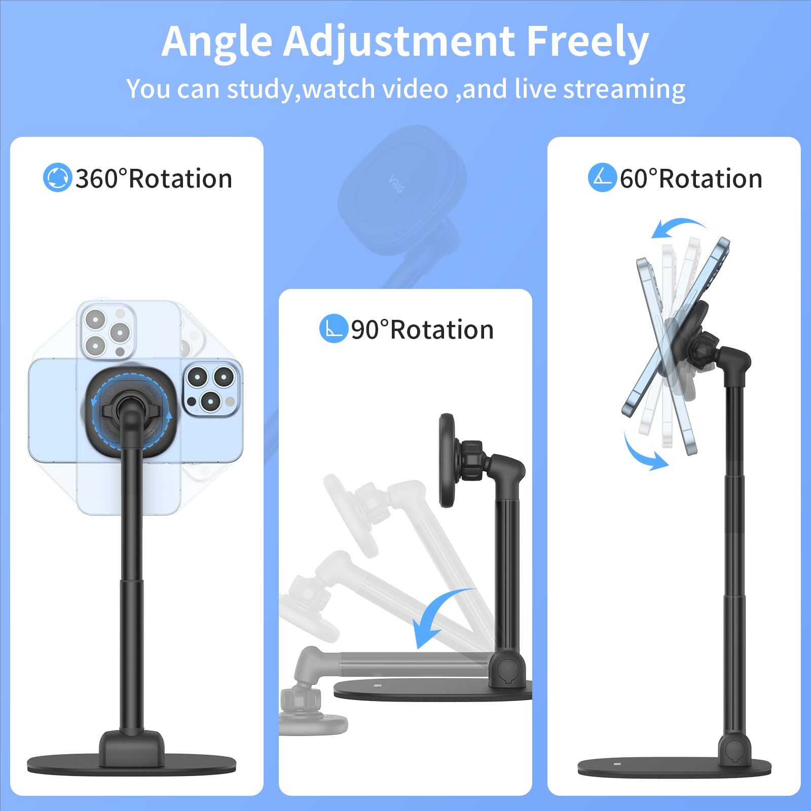 VRIG Magnetic Phone Stand for Desk - 360° Rotating Adjustable Height & Tilt Phone Holder with Magnetic Ring - Compatible with iPhone 14/13/12/11 & Android Phones - Perfect for Office, Home & Car Use