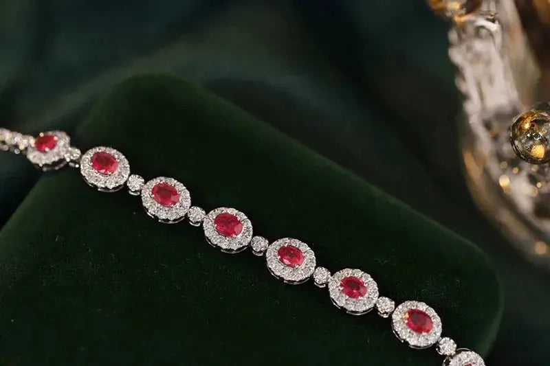 18K White Gold Women's Bracelet with Real Natural Ruby & Diamonds - Romantic Shiny Luxury Jewelry for Wedding, Anniversary & Special Occasions