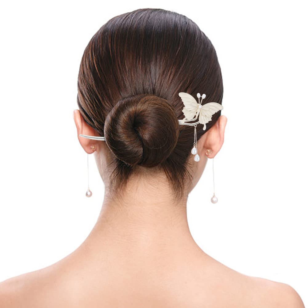 Butterfly Pearl Hair Chopsticks - 2 Pack Chinese Metal Hair Sticks for Women & Girls | Elegant Chignon Hair Clip & Hair Accessories for Weddings, Parties & Daily Styling