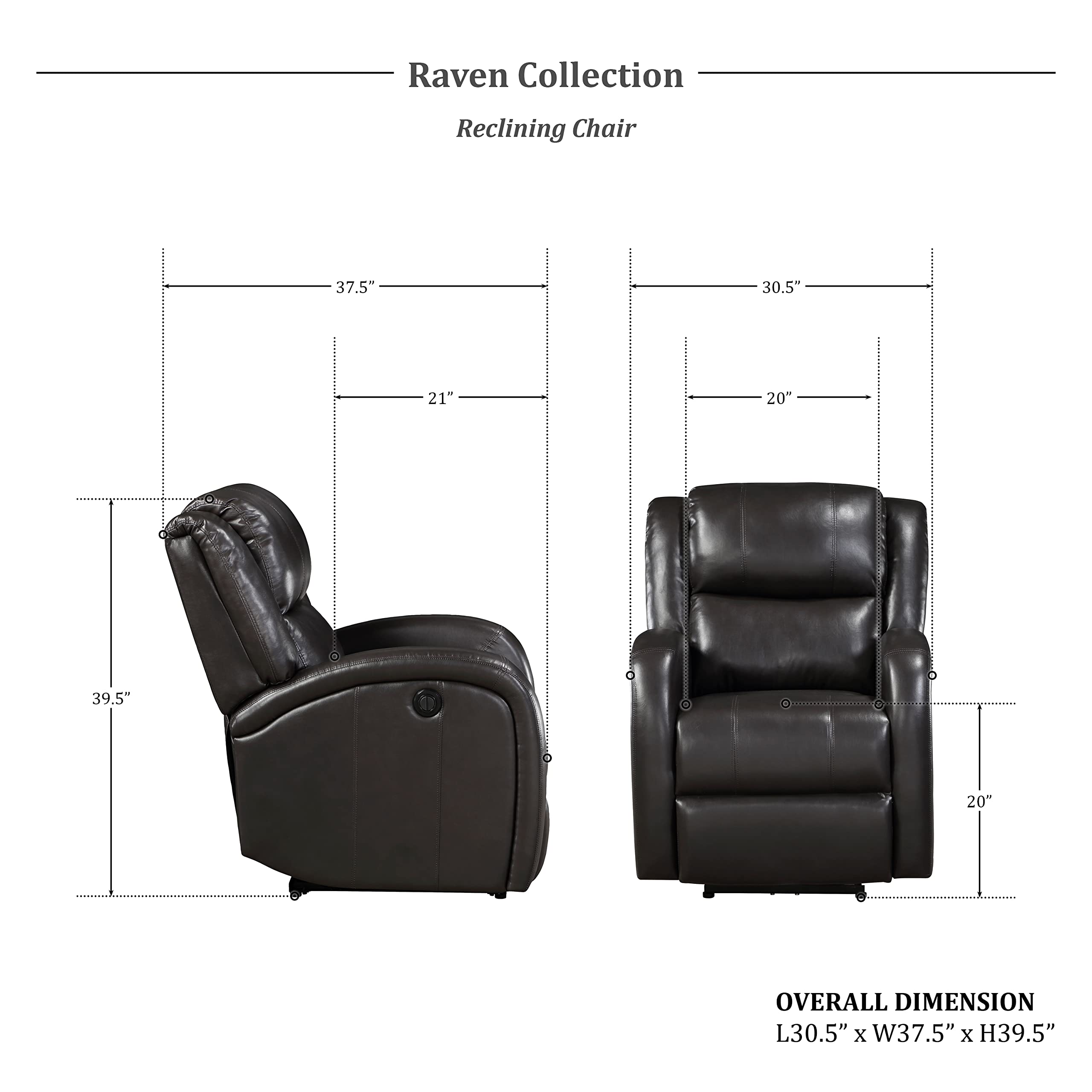 Lexicon Raven Faux Leather Wall-Hugger Power Recliner - Brown Leather Reclining Chair for Living Room, Home Theater & Small Spaces - Comfortable Electric Recliner Sofa with USB Charging Port