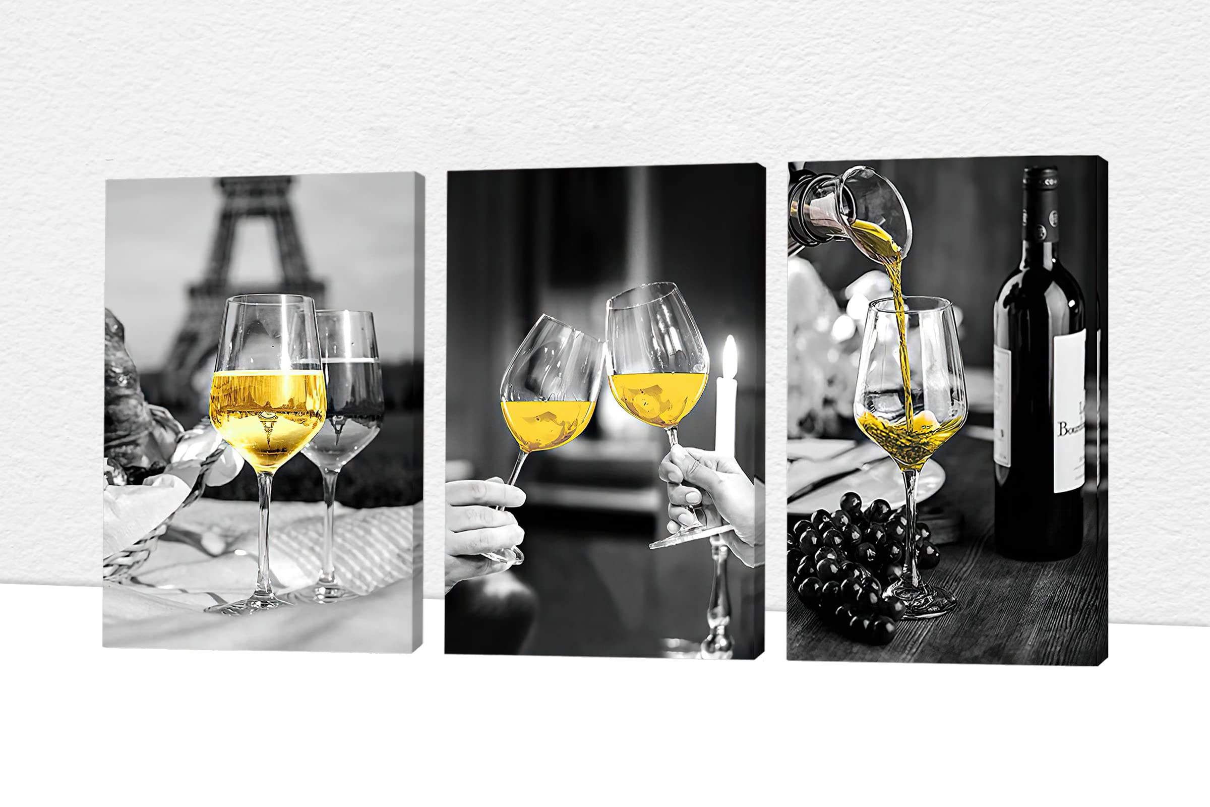 Modern Black and White Dining Room Wall Art - Set of 3 Yellow Wine Glasses Canvas Prints 12