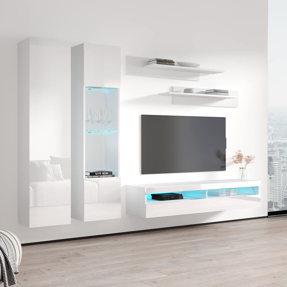 Modern White Wall-Mounted TV Stand with Storage Shelves & LED Lights - Floating Entertainment Center Console for 35