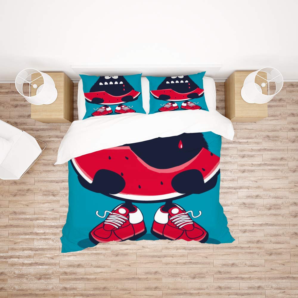 Cute Monster Watermelon Duvet Cover Set - 3 Piece Breathable Comforter & Pillow Shams - Soft Farmhouse Style All Seasons Bedding for Hotel, Resort & Home Decor