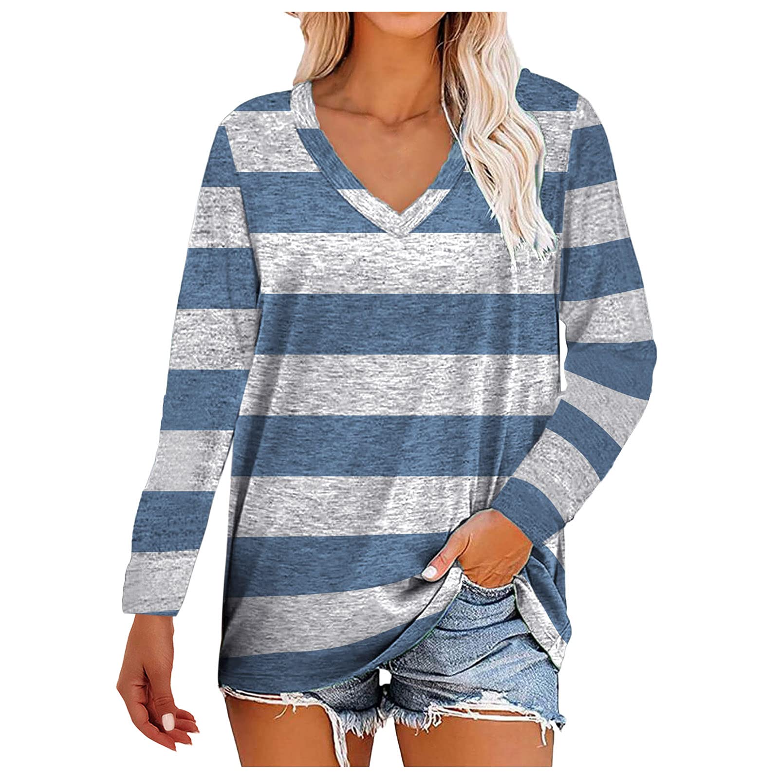Women's Long Sleeve V-Neck T-Shirt - Casual Loose Fit Color Block Blouse Top | Perfect for Work, Weekend Outfits & Layering