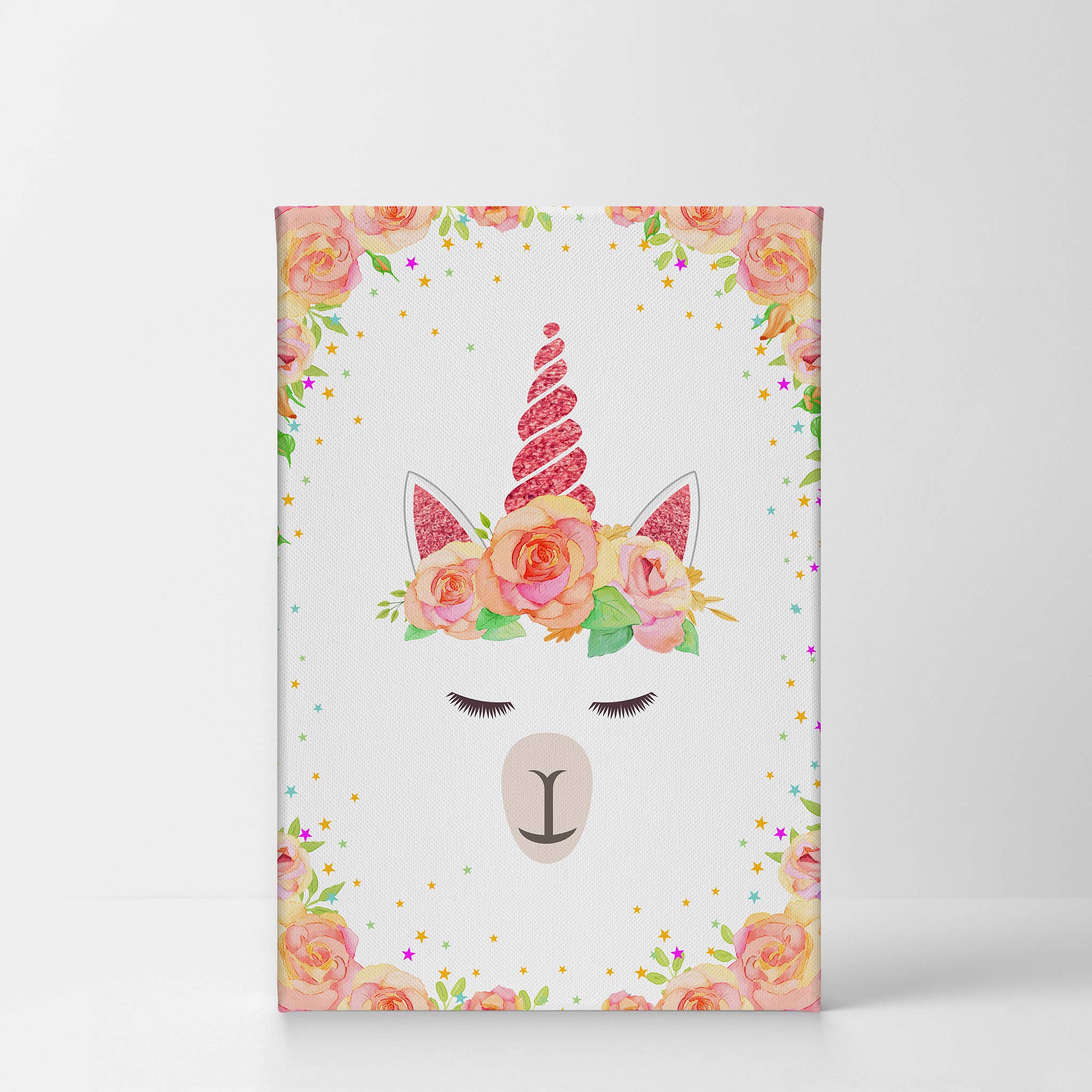 Cute Unicorn Wall Art Canvas Print - Orange Floral Background, Ready to Hang, 12x8 Inch - Perfect for Kids Room Decor, Nursery, Baby Room & Gift Ideas | Made in USA