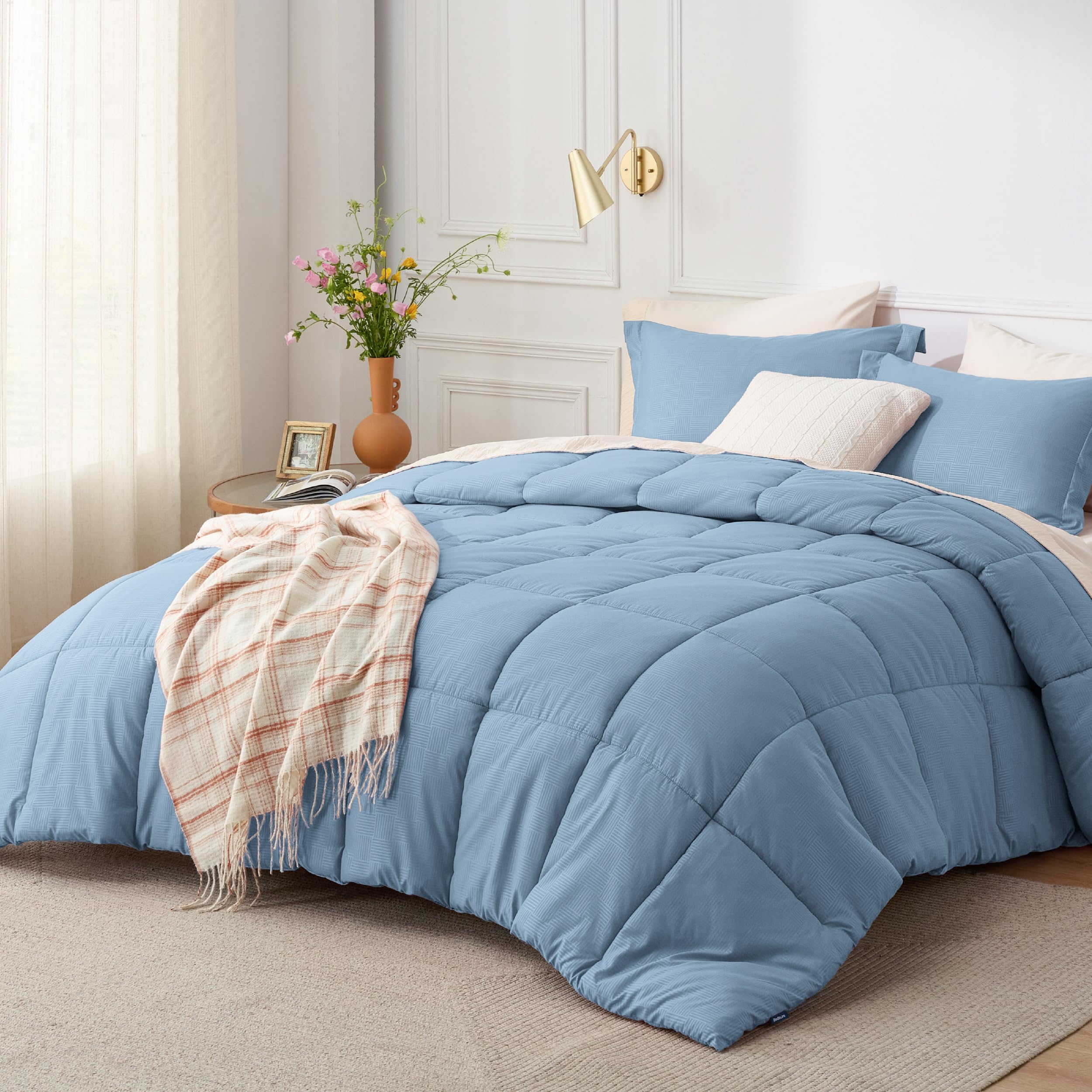 Bedsure Twin XL Comforter Set - Lightweight All Season Down Alternative Bedding in Mineral Blue Basket Weave Pattern | Includes 1 Pillow Sham | Perfect for Dorm Rooms, Guest Beds & Cozy Home Decor