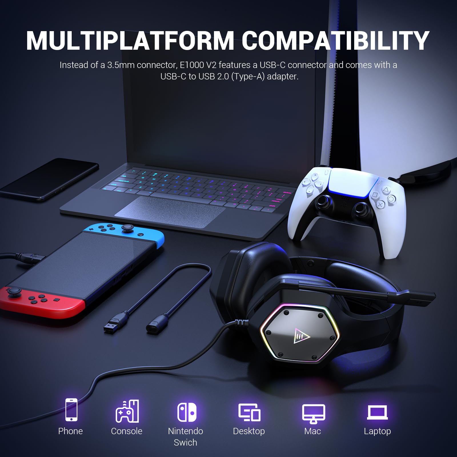 EKSA E1000V2 USB Gaming Headset with Noise Cancelling Mic - 7.1 Surround Sound Wired Headphones for PC, PS4, PS5, Laptop - RGB Lighting & Comfortable Ear Cushions (Black) | Perfect for Competitive Gaming, Streaming & Online Meetings