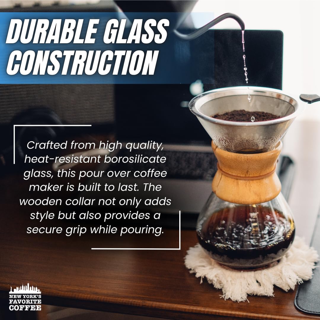 Premium 6-Cup Pour Over Coffee Maker - Borosilicate Glass Carafe with Wooden Collar for Home & Office Brewing