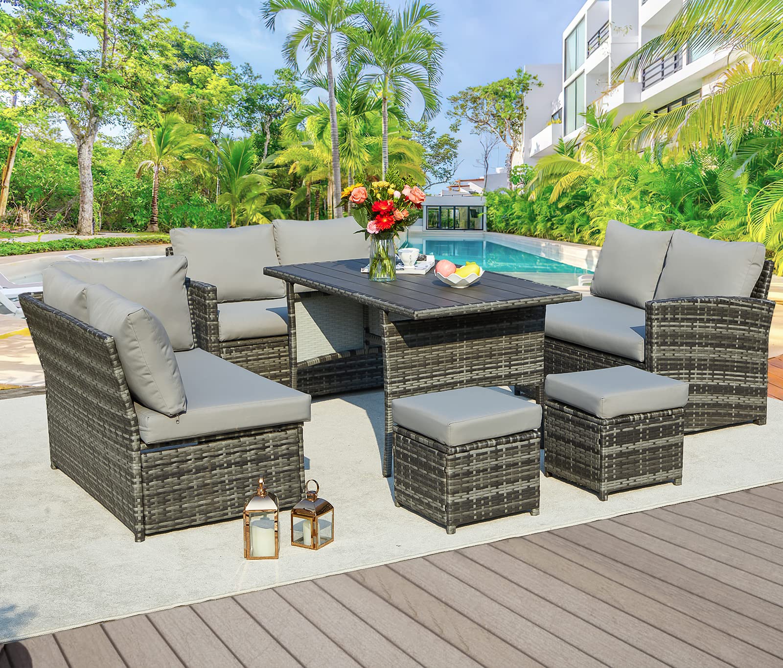 AECOJOY 7-Piece Outdoor Patio Furniture Set - All-Weather Wicker Dining Table & Chairs with Ottoman - Grey Rattan & Cushions for Backyard, Garden, Poolside or Deck Relaxation