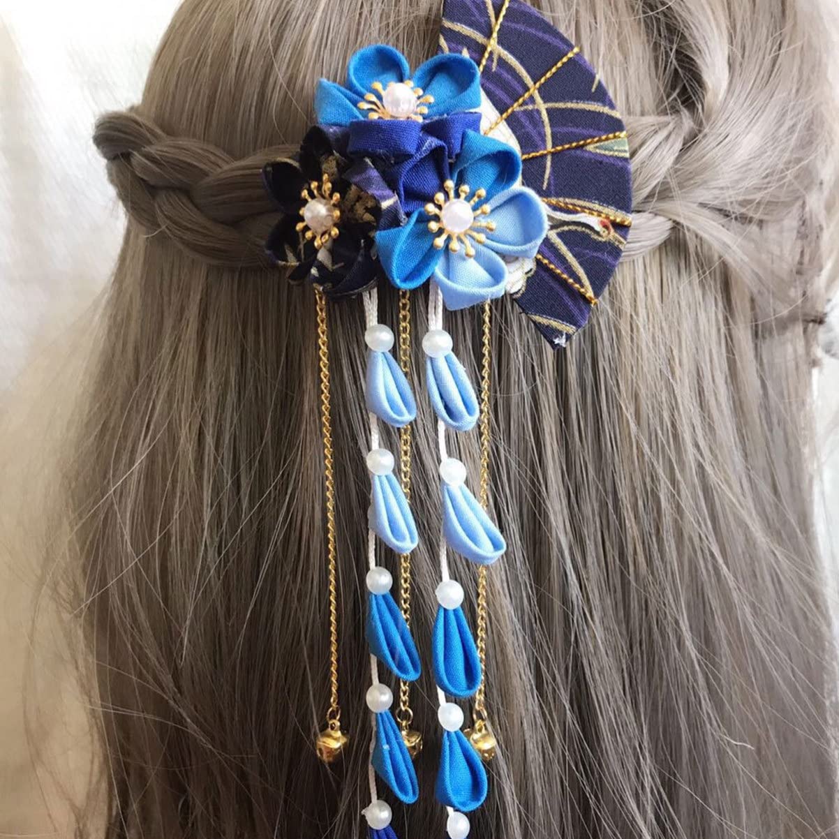 Japanese Kimono Flower Hair Clips with Tassel - Traditional Kanzashi Hair Ornaments for Women (Blue) | Elegant Hair Accessories for Weddings, Tea Ceremonies & Cosplay