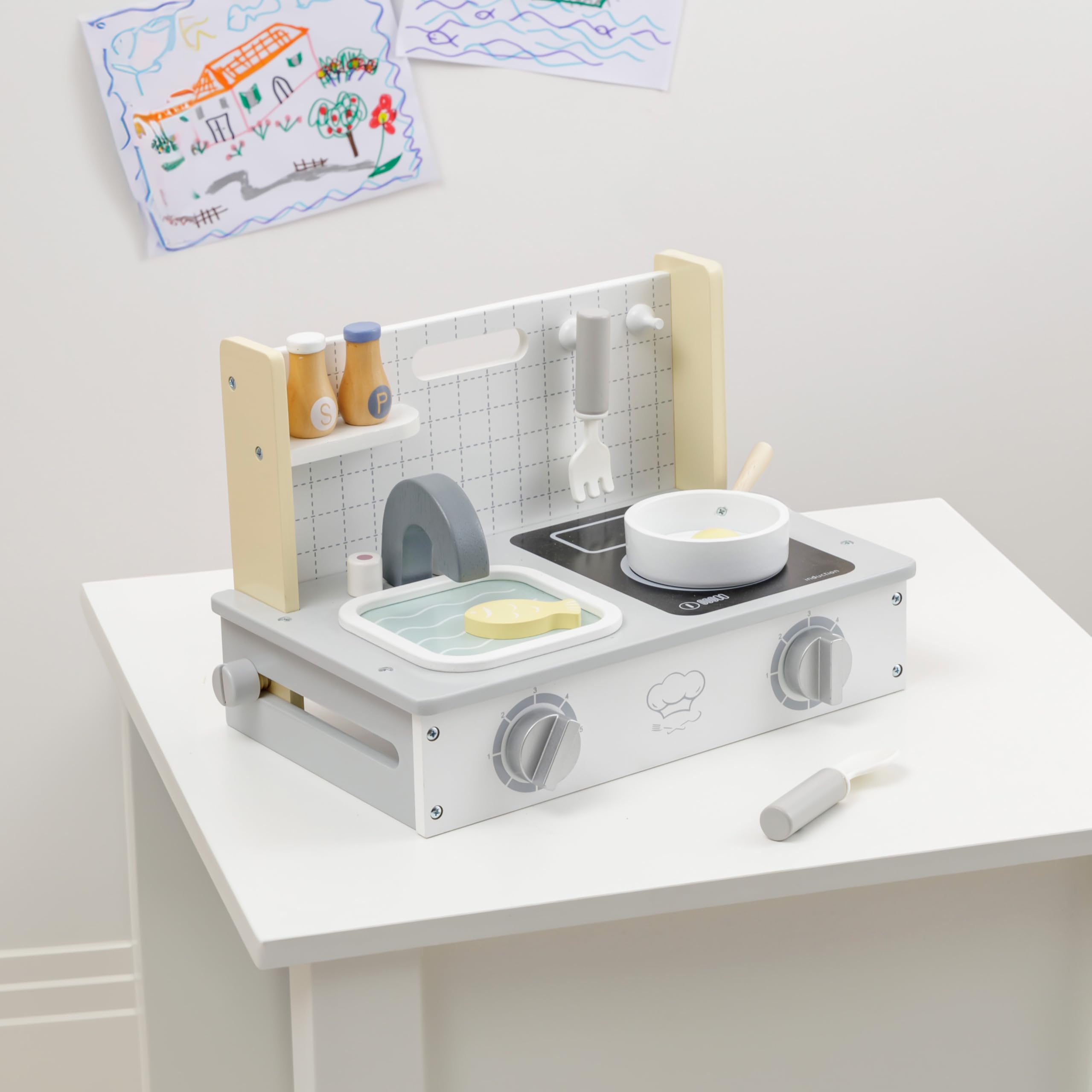 Baroni Toys Montessori Wooden Portable Kitchen Playset for Kids Ages 3-7 - Educational Pretend Play Toy with Sink & Accessories - 34 x 22 x 23 cm - Perfect for Home, Preschool & Daycare Role Playing Activities