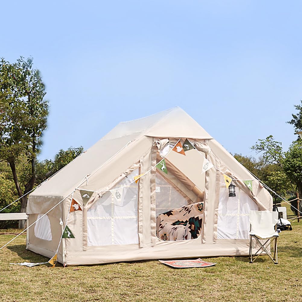 Inflatable Camping Tent for 2-6 Person - 4 Season Waterproof Windproof Cabin Tent with Hand Pump, Mesh Windows & Doors - Easy Setup Portable Blow Up Tent for Outdoor Adventures, Family Trips & Backpacking