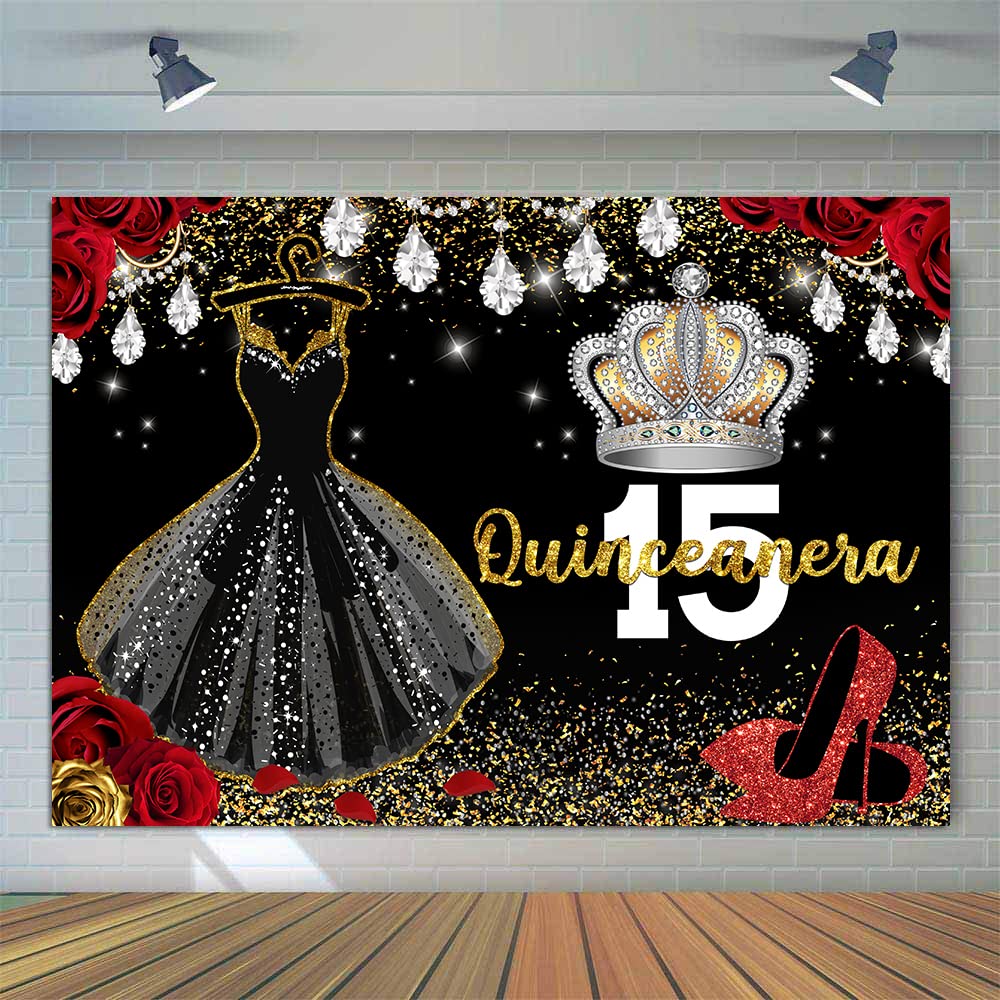 Elegant Quinceanera 15th Birthday Party Backdrop - Black Gauze Dress, Red Heels & Silver Jewelry Theme - 7x5ft Photography Background for Princess Party Decor, Dessert Table Banner & Studio Props | Perfect for Sweet 15 Celebrations, Photo Shoots & Event Decorations