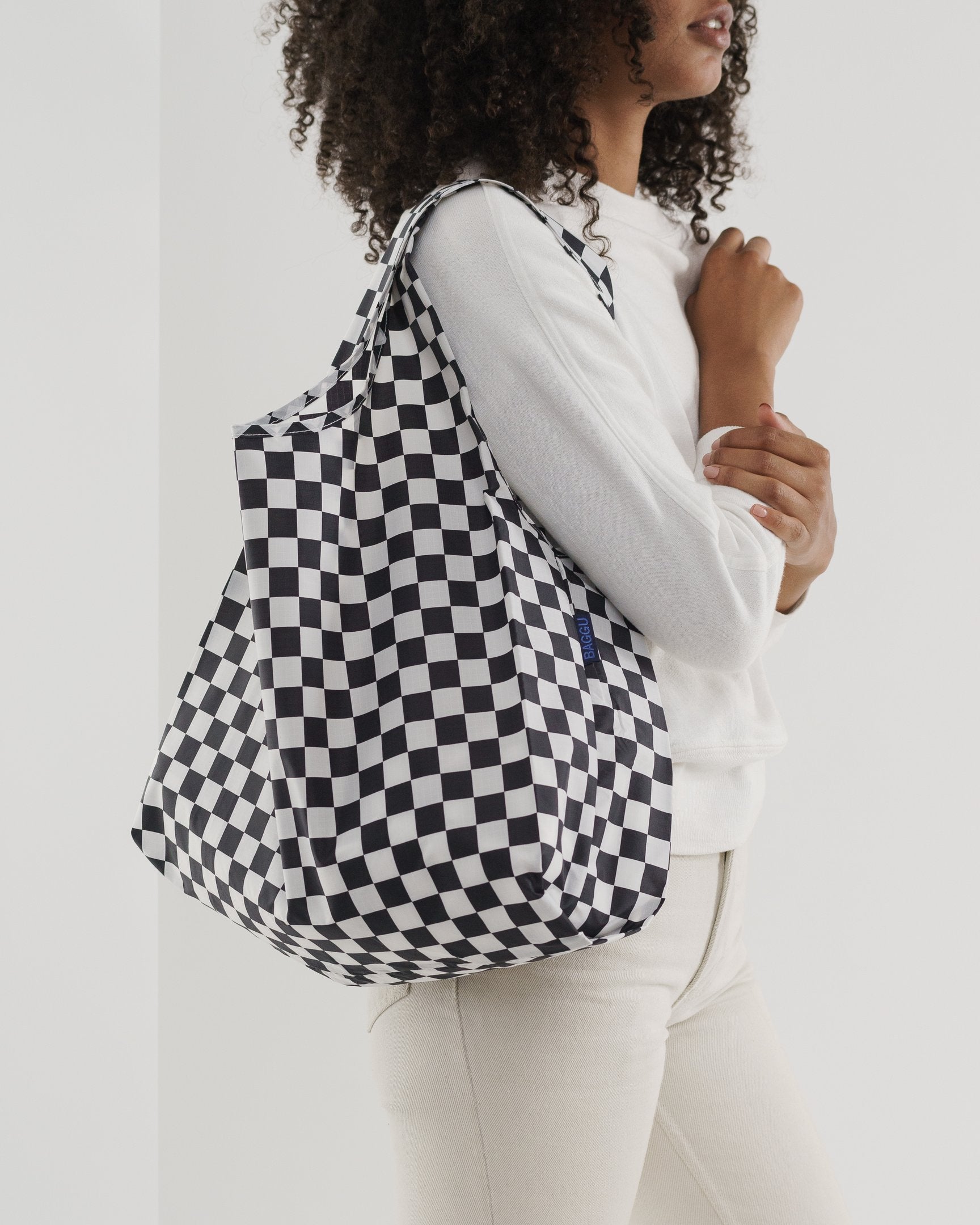 Baggu Standard Reusable Shopping Bag - Black Checkerboard Print | Eco-Friendly Grocery Tote for Shopping, Travel & Daily Use