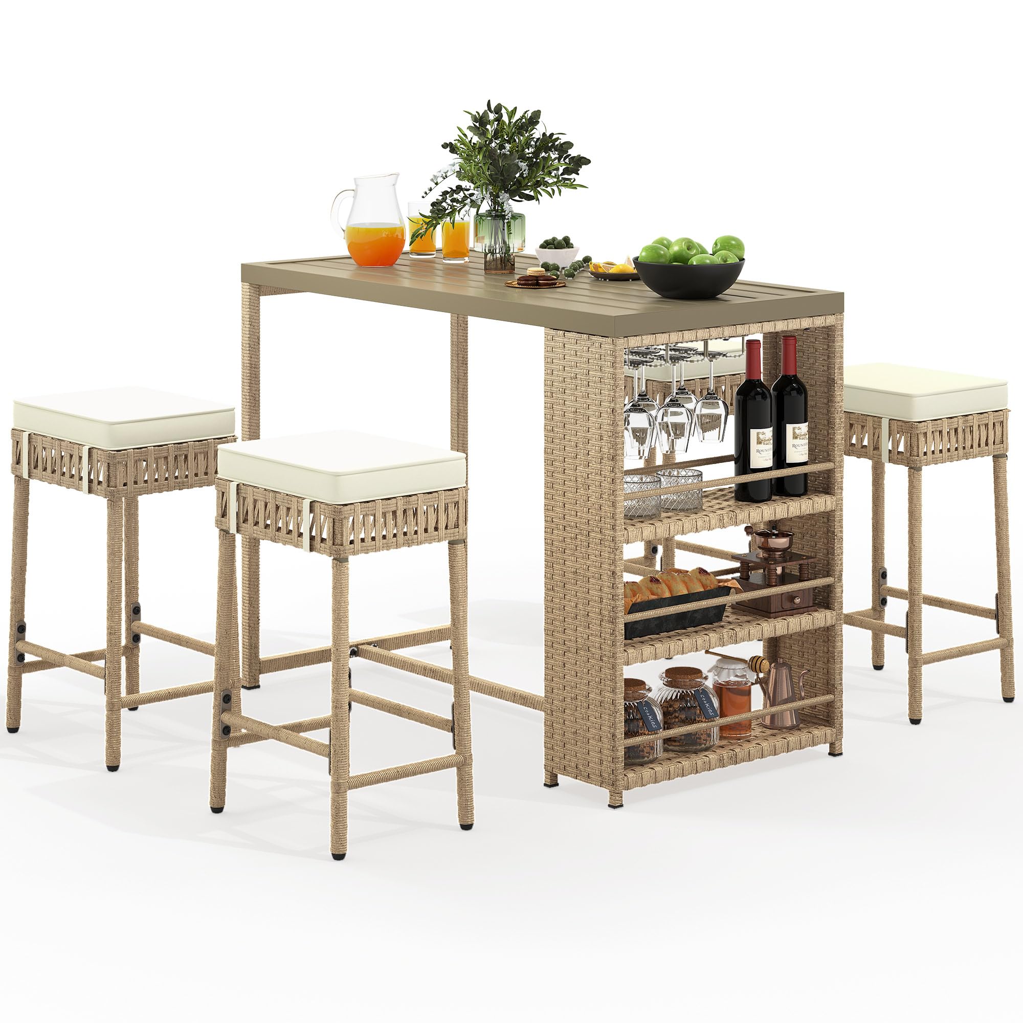 YITAHOME 5-Piece Outdoor Patio Bar Set with High Top Table, 4 Chairs, Wine Glass Holder & Soft Cushions - All-Weather Wicker Furniture for Backyard, Garden, Balcony or Deck - Beige Rattan Bistro Set for Entertaining Guests & Relaxing Outdoors