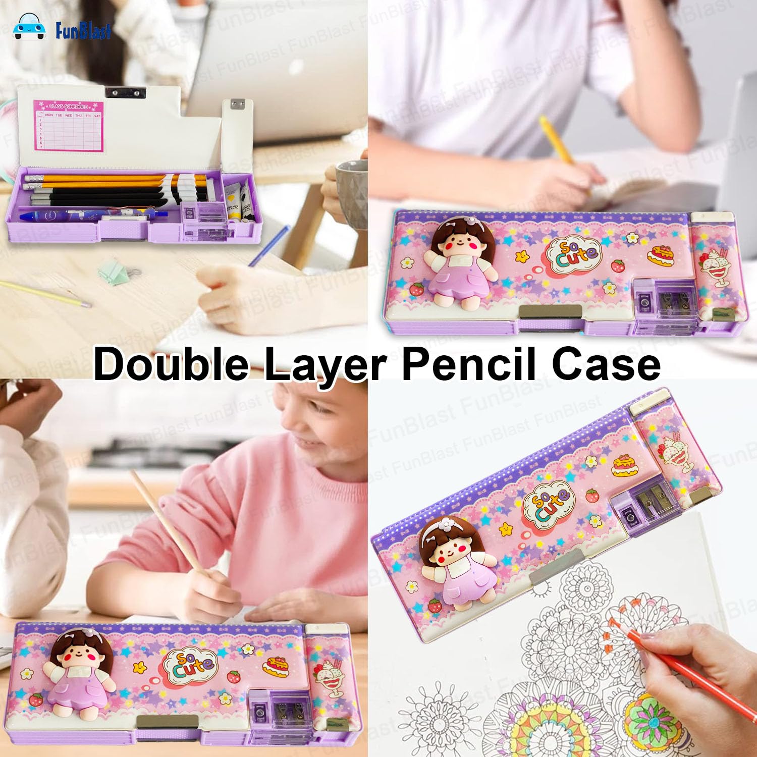 FunBlast Magnetic Pencil Case for Girls - Double Compartment School Supply Organizer with Geometry Tools | Cute Purple Stationery Box for Kids | Perfect for Classroom, Homework & Gift Giving
