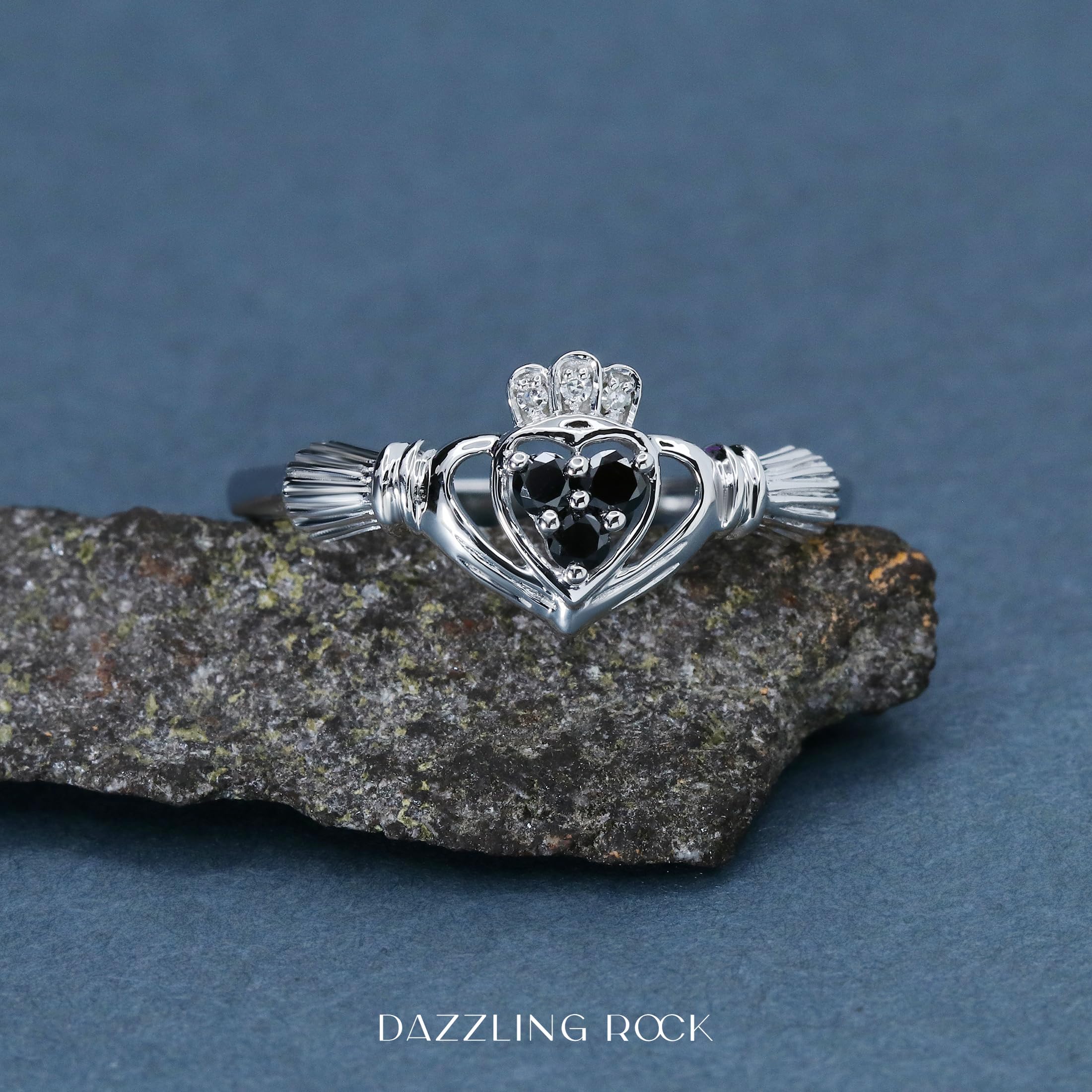 10K Solid Gold Claddagh Ring for Women - Round Black & White Diamond Irish Love & Friendship Promise Ring | Elegant Jewelry Gift for Anniversary, Valentine's Day & Special Occasions