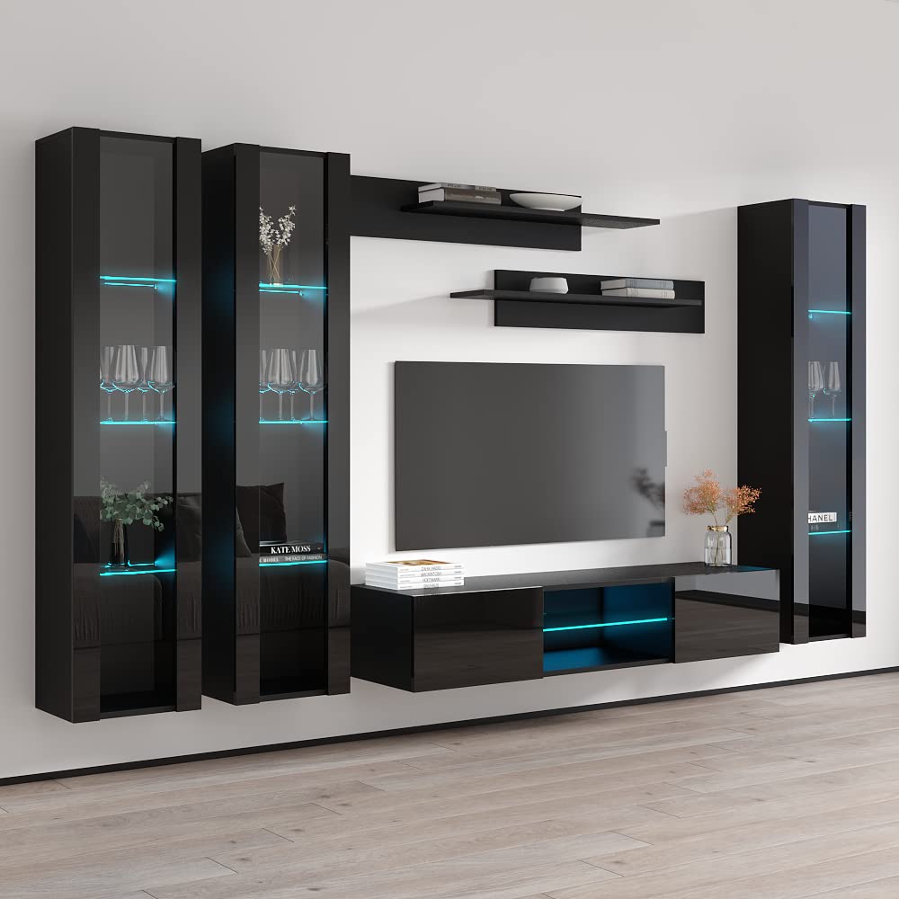 Modern Wall-Mounted TV Stand with Storage Shelves & LED Lights - Floating Entertainment Center Console for Living Room & Bedroom - Black | Perfect for Small Spaces & Home Theater Setup