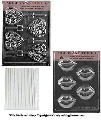 Premium Valentine Chocolate Candy Mold Set - Heart, Birds & Flowers, Lips Cookie Molds with 50 Sticks & Step-by-Step Instructions | DIY Valentine's Day Gifts, Party Favors, Baking Supplies for Home & Professional Use