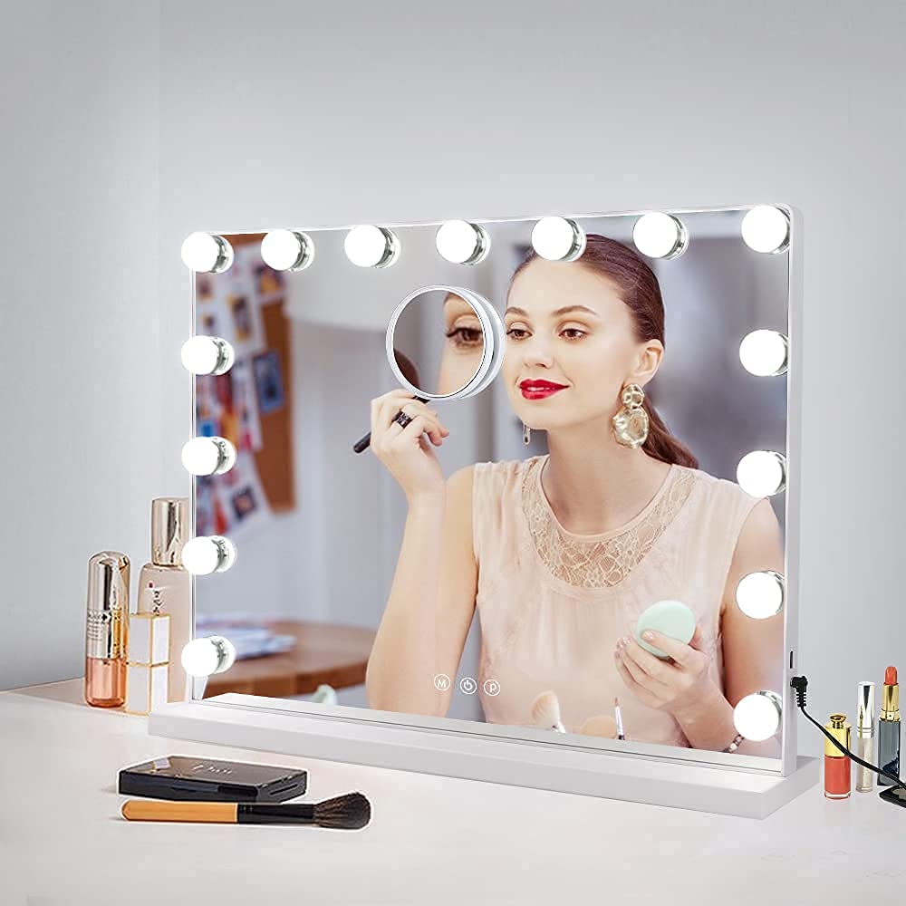 Hollywood Vanity Mirror with Lights - 23 Inch Large LED Makeup Mirror with Smart Touch Control, 15 Dimmable USB-Powered Lights for Dressing Room, Bedroom, Bathroom & Tabletop - White (Perfect for Makeup Application, Skincare Routine & Hairstyling)