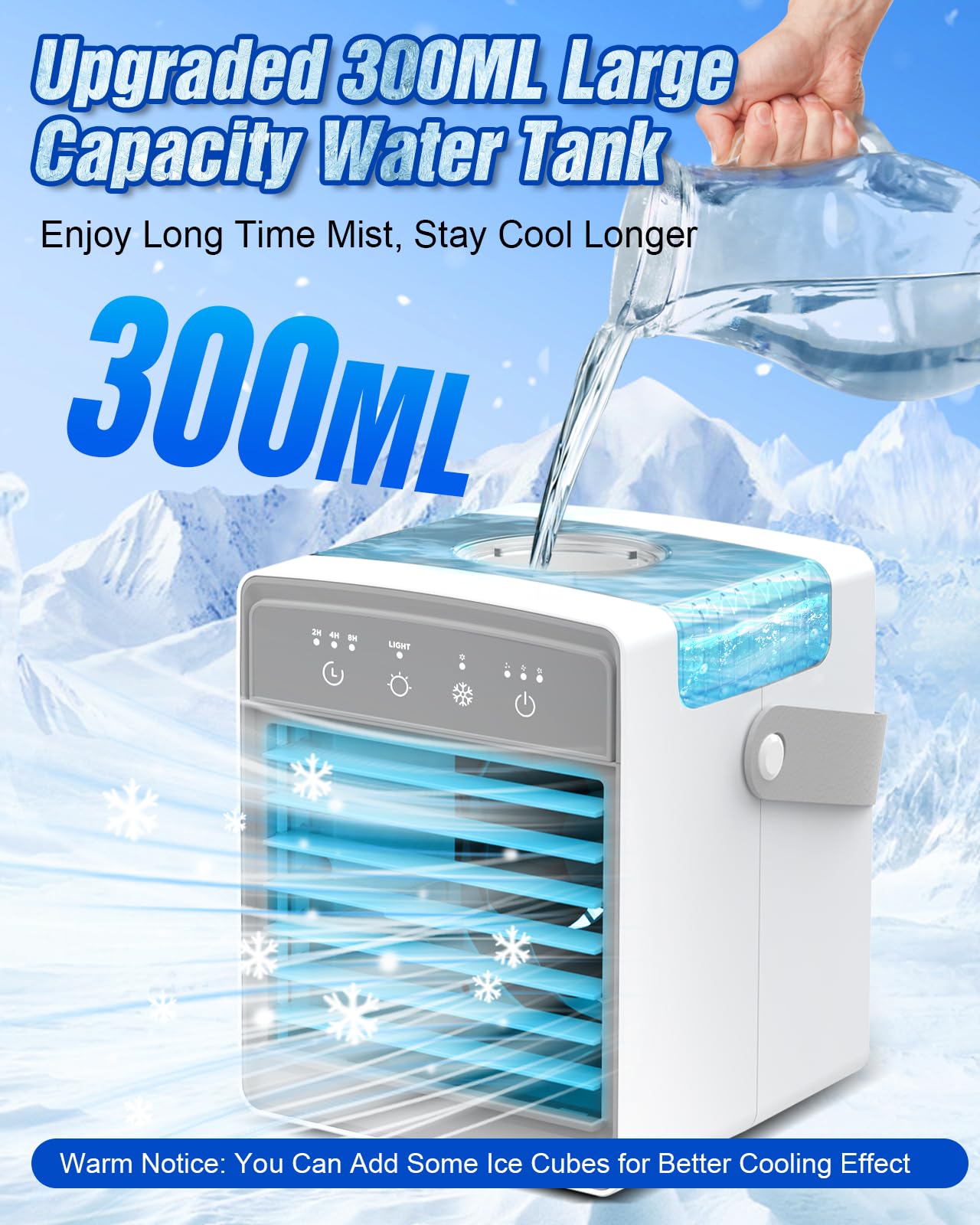 Portable Air Conditioner with 3 Wind Speeds & 7 LED Lights - 4-in-1 Evaporative Cooler with 300ml Large Water Tank - Mini AC Unit for Bedroom, Home, Office, Car, Camping - Stay Cool Anywhere