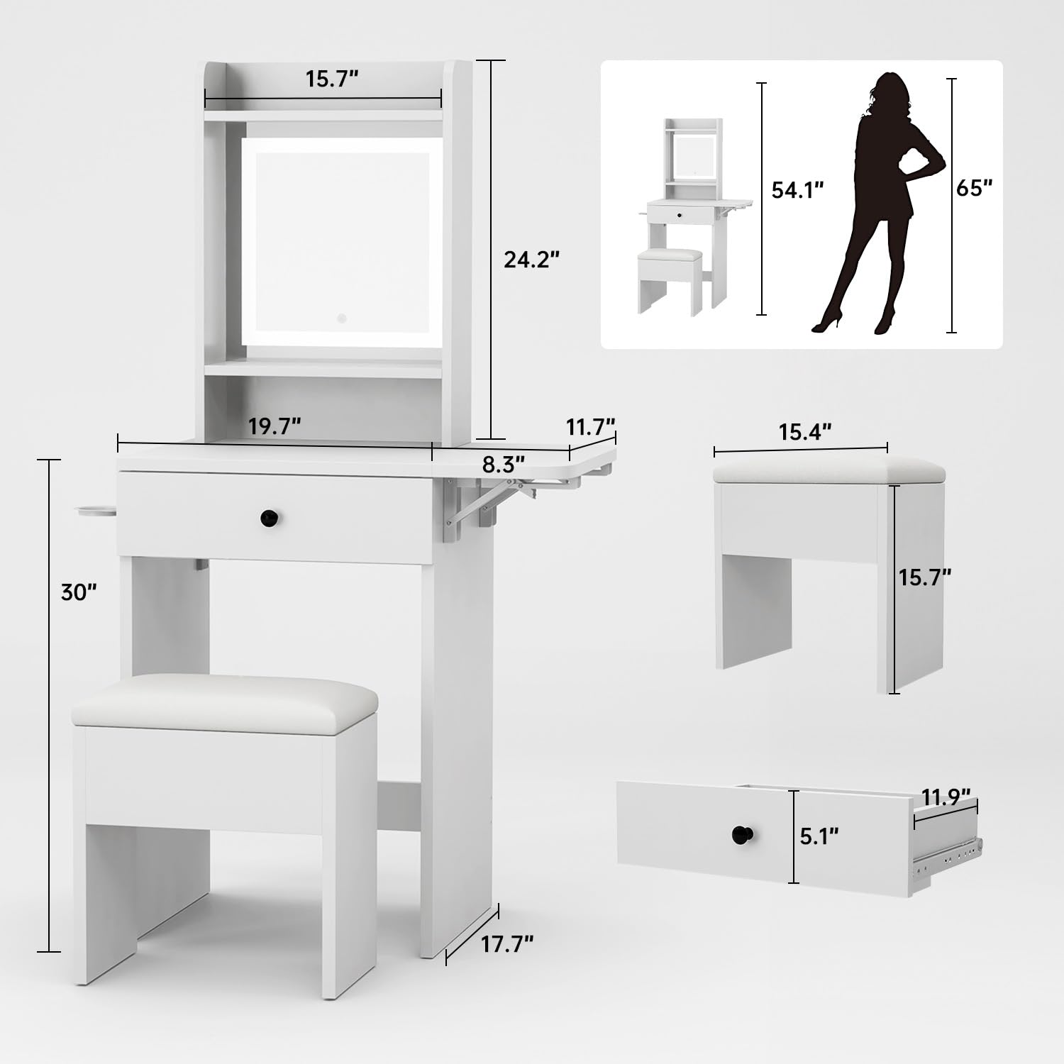 Oneinmil Small Makeup Vanity Desk with Adjustable LED Mirror & Chair - 3 Lighting Modes, Compact Dressing Table for Small Spaces, White Bedroom Vanity Set - Perfect for Makeup Application, Skincare Routine & Home Decor