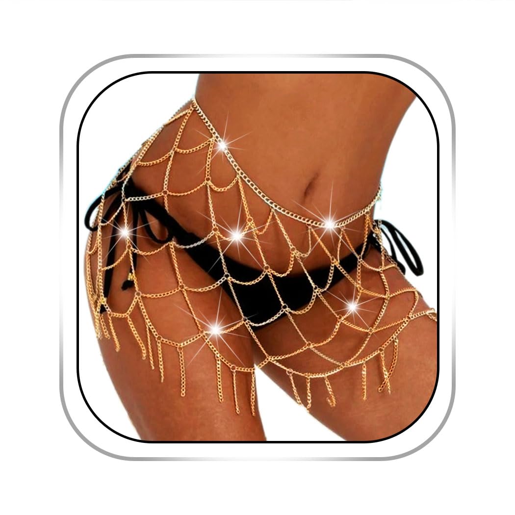 Sexy Gold Body Chain Jewelry for Women - Waist Hip Chain with Tassels, Mesh Skirt & Bikini Accessories - Perfect for Festival, Rave, Beach & Party Outfits