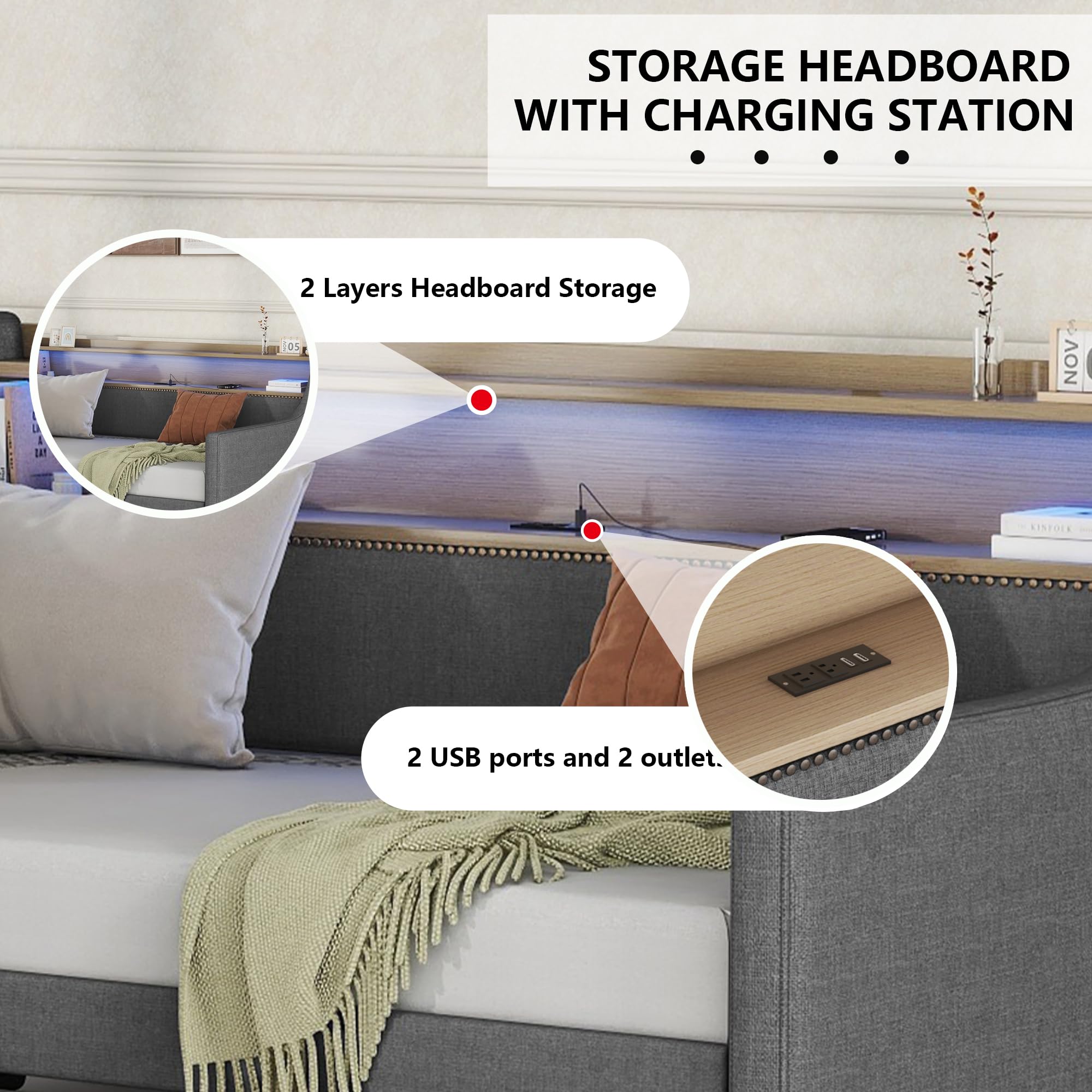 LUSPAZ Twin Size PU Leather Upholstered Daybed with 2 Storage Drawers & LED USB Headboard - Modern Sofa Bed with Wooden Slats, Easy Assembly No Box Spring Needed - Perfect for Small Spaces, Guest Rooms, Apartments & Dorm Rooms (Gray)