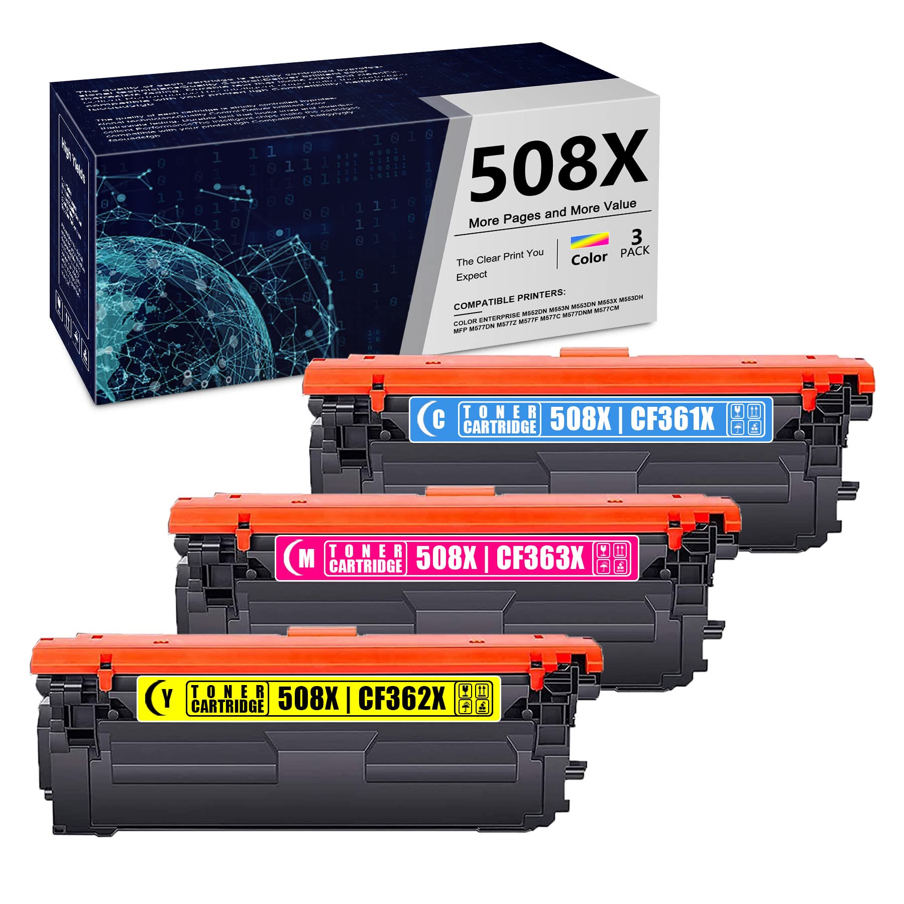 ZEOSEROE 3-Pack 508X/508A Compatible Toner Cartridges for HP Color Enterprise M552dn/M553dn/M553dh/MFP M577z/M577f/M577c/M577dnm Printers - Replacement for CF361X/CF362X/CF363X (1 Cyan + 1 Magenta + 1 Yellow) - Ideal for Office Printing & High-Volume Color Documents