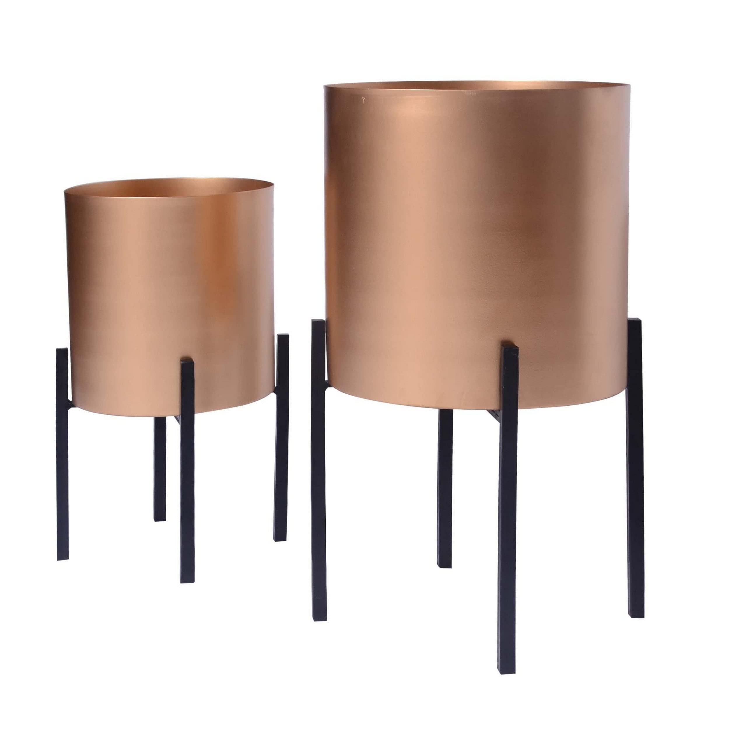 Modern Iron Plant Stand Set of 2 - Round Gold & Black Tubular Metal Frame for Indoor/Outdoor Plants - Perfect for Living Room, Patio, or Garden Decor