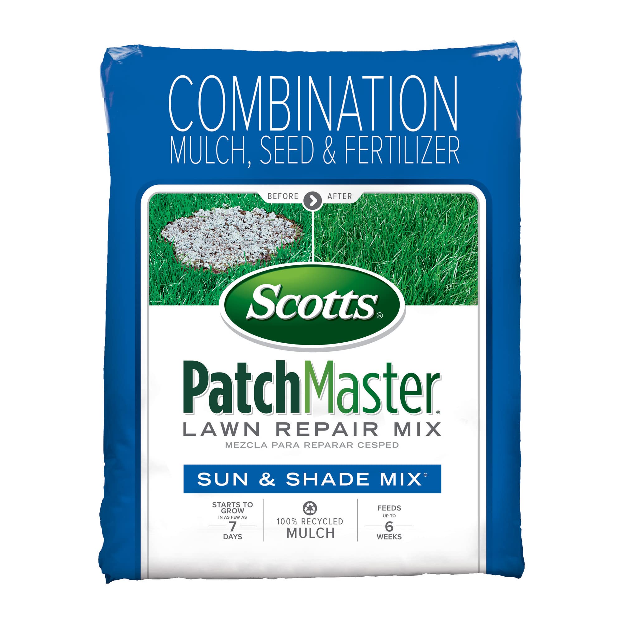 Scotts PatchMaster Sun & Shade Lawn Repair Mix - 4.75 lb Bag with Grass Seed, Fertilizer & Mulch for Fast Lawn Repair - Perfect for Bare Spots, Dog Damage & High Traffic Areas in Yards