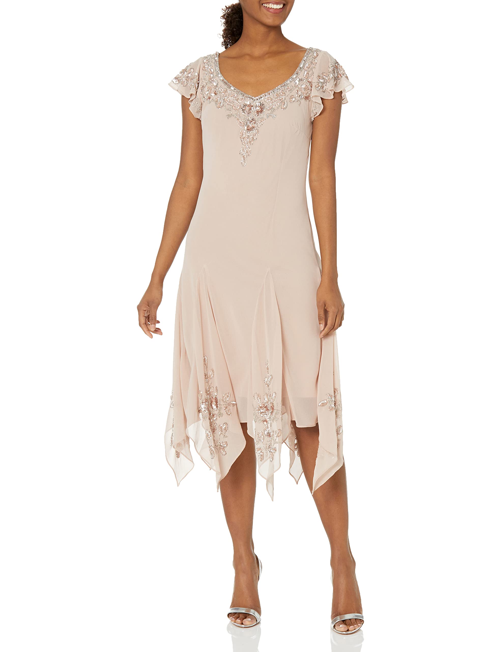 J Kara Women's Plus Size Petite Flutter Sleeve Hanky Hem Short Cocktail Beaded Dress - Elegant Party Wear for Weddings, Evening Events & Special Occasions