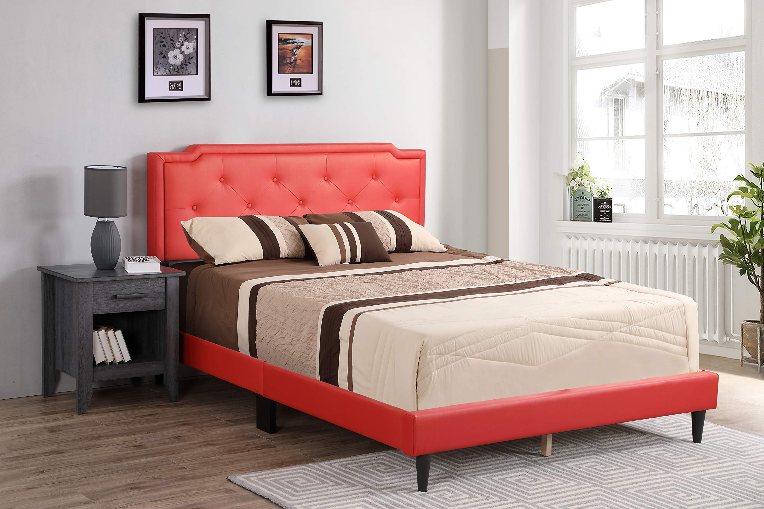 Glory Furniture Deb Faux Leather Upholstered Full Size Bed Frame in Red - Modern Luxury Bedroom Furniture for Master & Guest Rooms