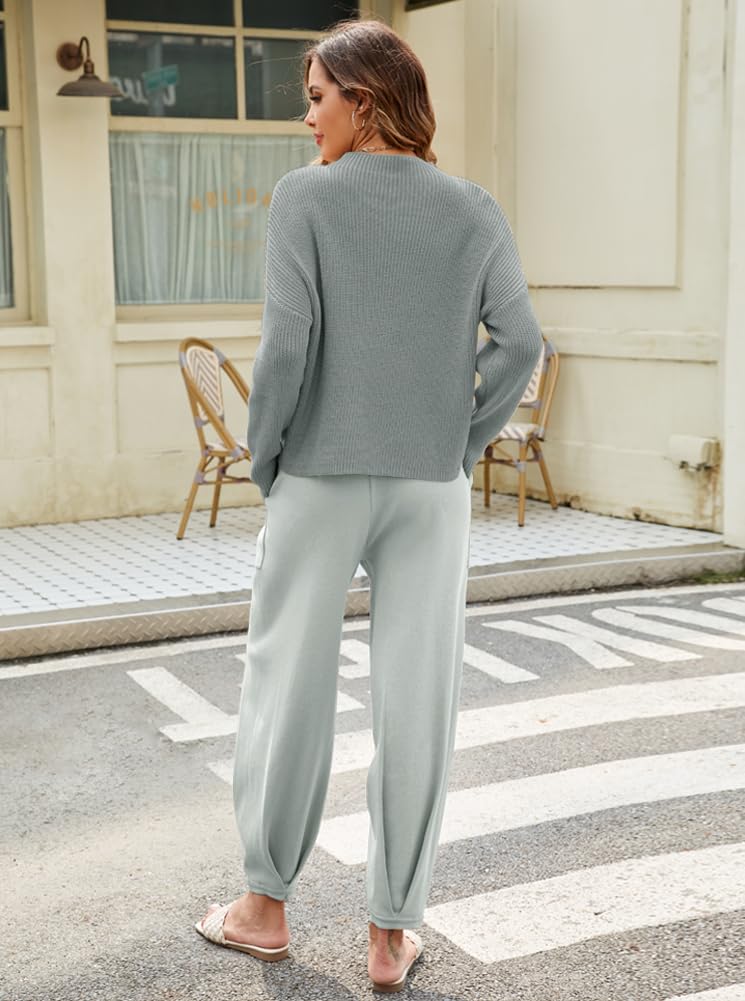 Women's Two Piece Outfits - Long Sleeve Knit Pullover Sweater & High Waisted Lounge Pants Set | Cozy Winter Tracksuit for Casual Wear, Home Relaxing & Street Fashion