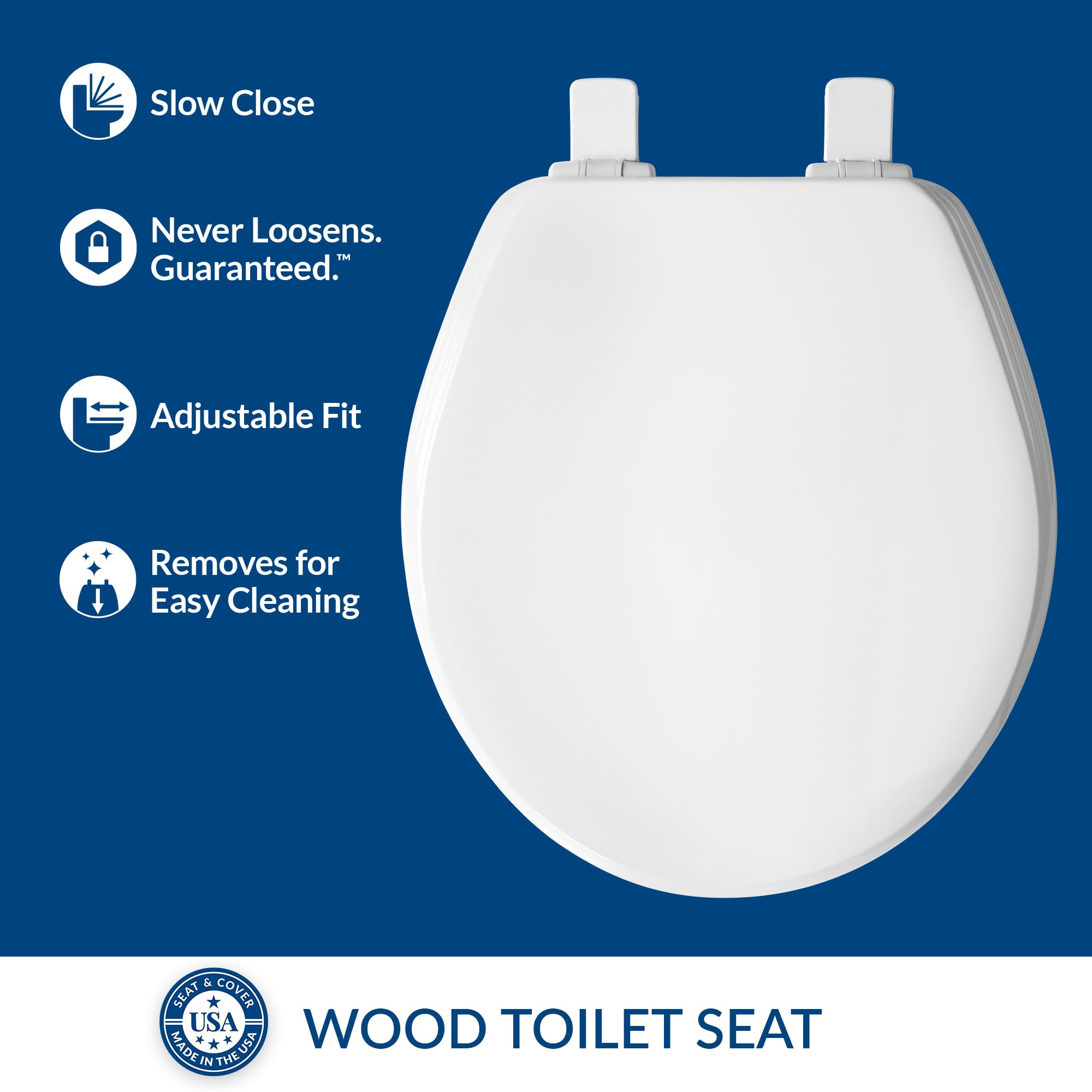 Bemis Ashland Modern Wood Toilet Seat with Decorative Edge - Slow Close, Secure Hinges, Round White - Perfect for Bathroom Upgrade & Home Renovation