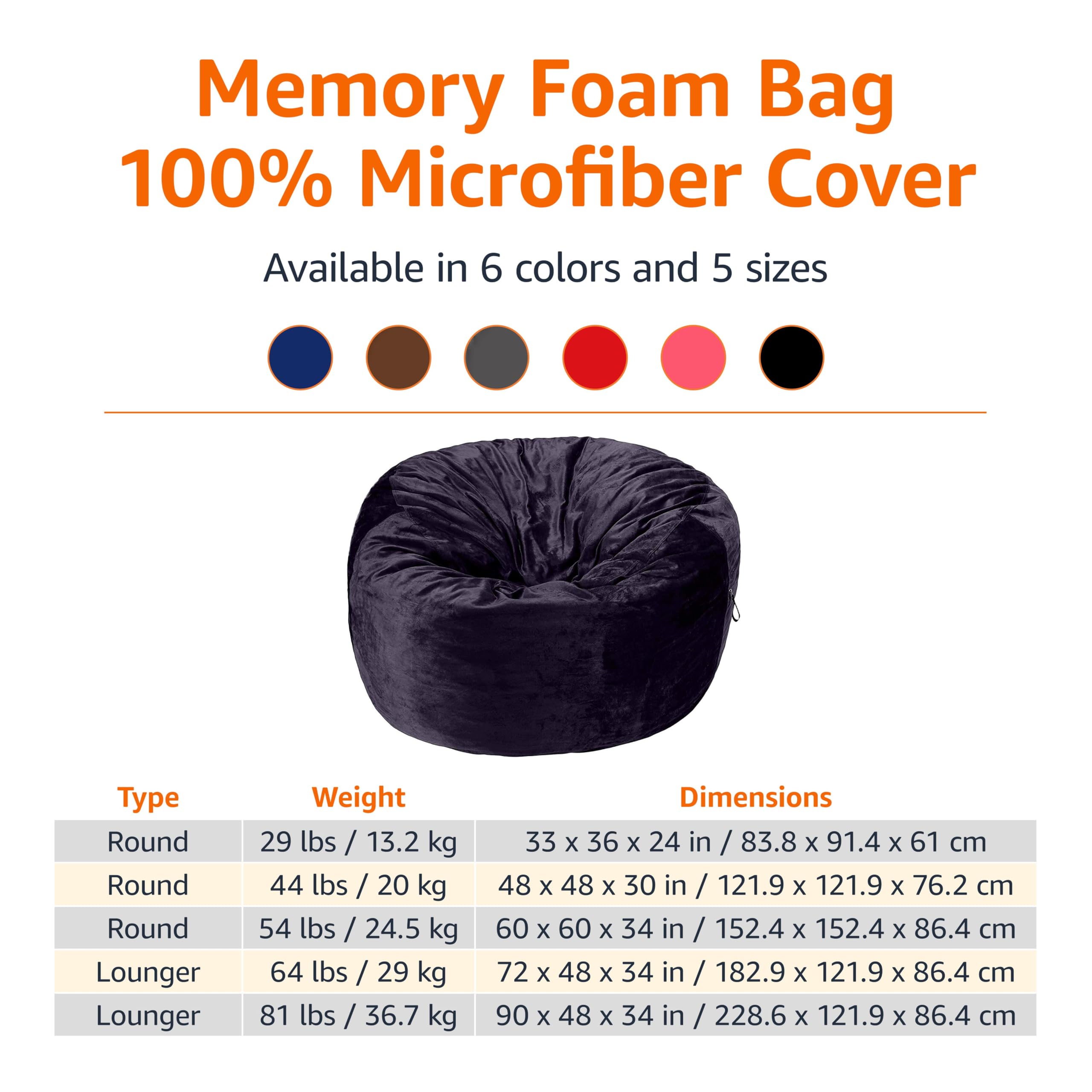 Amazon Basics Large Bean Bag Chair for Adults - 5 ft Blue Memory Foam Filled with Soft Microfiber Cover - Perfect for Living Room, Bedroom, Game Room & Dorm Relaxation