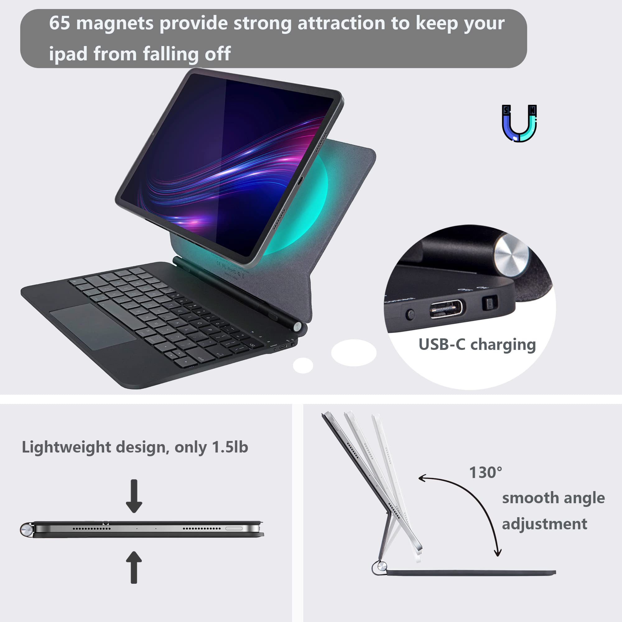 QUARK Magic Floating Keyboard Case for iPad Pro 11-inch (1st-4th Gen) & iPad Air 11-inch (M2/M3) & 10.9-inch (4th/5th Gen) - Backlit Multi-Touch Trackpad Keyboard Cover - Perfect for Work, Travel & Creative Projects (Black)