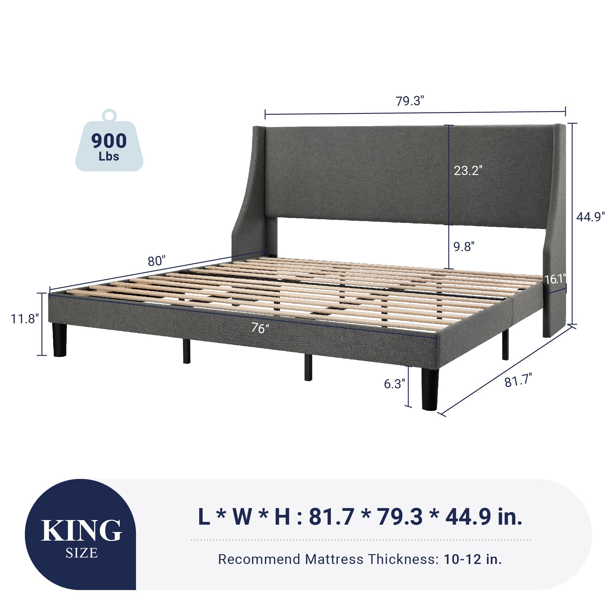Allewie King Size Platform Bed Frame with Upholstered Headboard - Modern Wingback Design, Wood Slat Support, Dark Grey - Perfect for Master Bedroom & Guest Room Decor