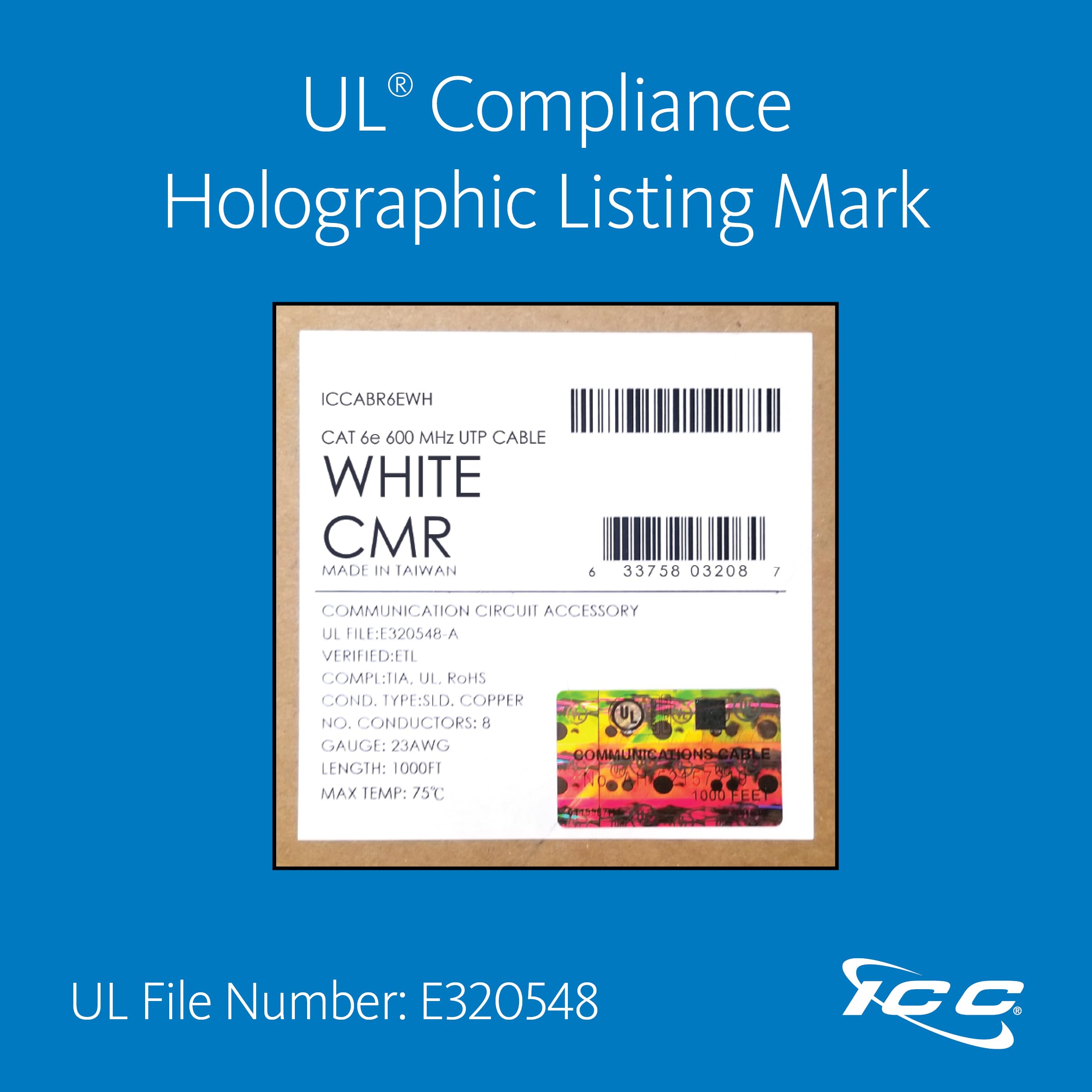 ICC Cat6e CMR Riser 1000ft Bulk Ethernet Cable - 23AWG Solid Pure Copper, Unshielded UTP, PoE++ 600MHz, UL Certified & RoHS Compliant - Ideal for Office Networking, Data Centers, and High-Speed Internet Installations