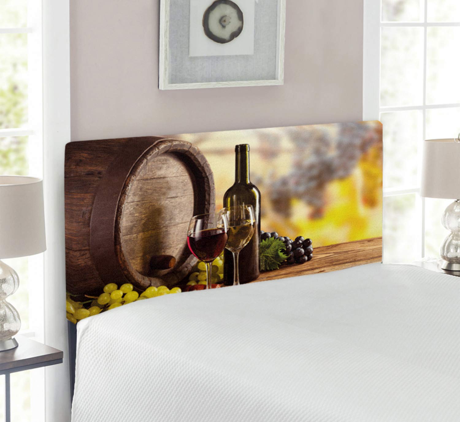Ambesonne Wine Themed Headboard - Red & White Wine Bottle Design on Wooden Keg, Upholstered Metal Bed Frame with Memory Foam, Twin Size (Brown/Pale Green/Yellow) - Perfect for Wine Lovers' Bedroom Decor & Guest Room Accent