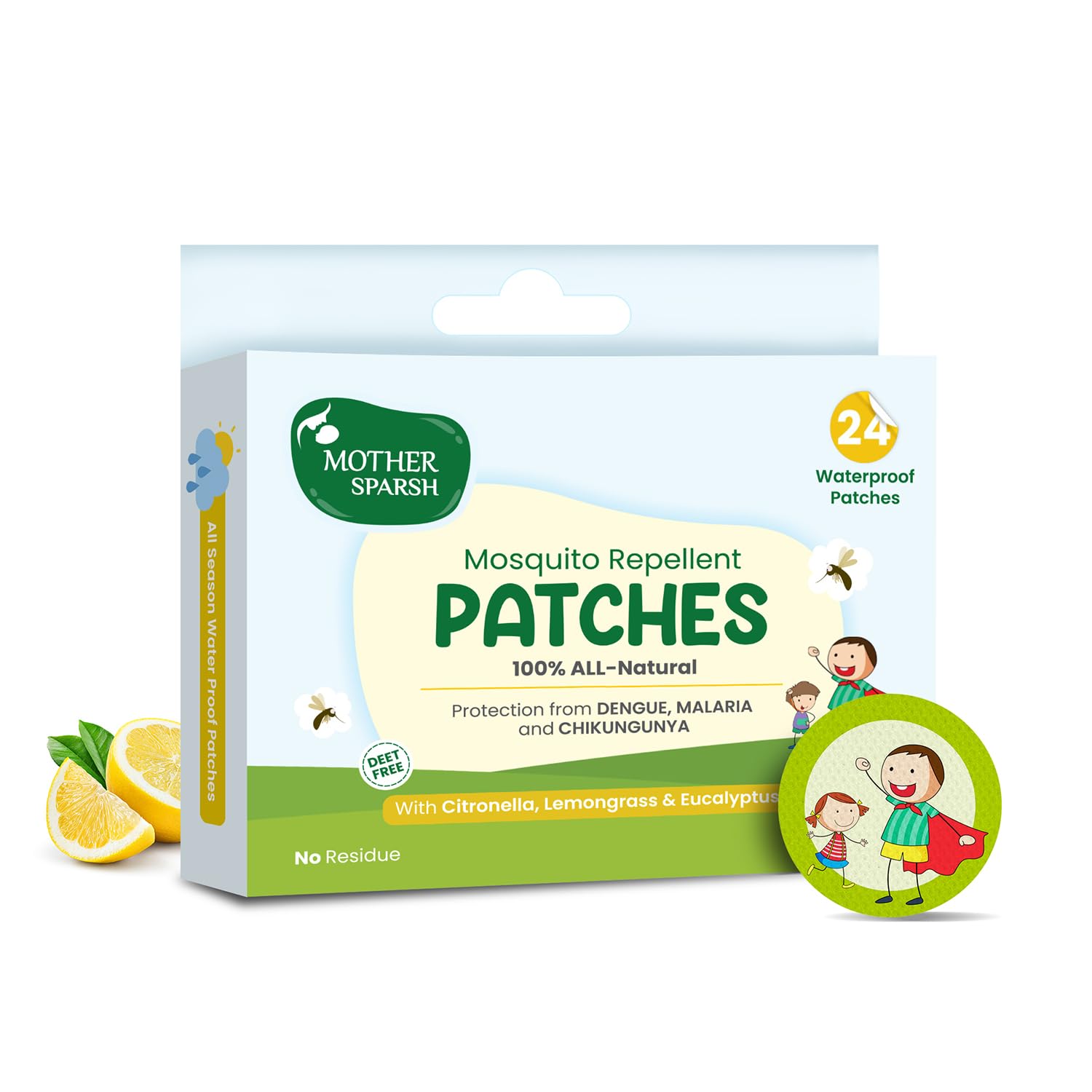 Mother Sparsh 100% Natural Mosquito Repellent Patches for Babies & Kids - 24 Patches with 12-Hour Protection | Citronella, Lemongrass & Eucalyptus Oil | Safe for Skin | Protects Against Dengue, Malaria & Chikungunya | Ideal for Outdoor Play, Travel & Camping
