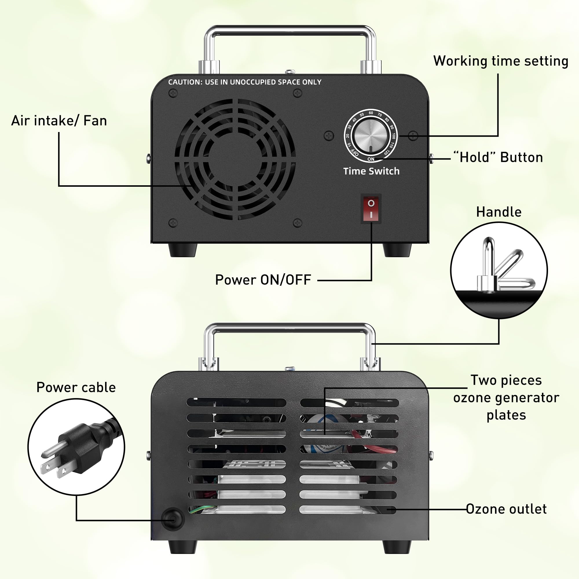 AIIKEE 30,000mg/h Commercial Ozone Generator - Industrial Strength Air Purifier with Handle for Home, Office, Restaurant, Farm & Bar Use - Eliminates Odors, Mold & Bacteria in Large Spaces (Black)