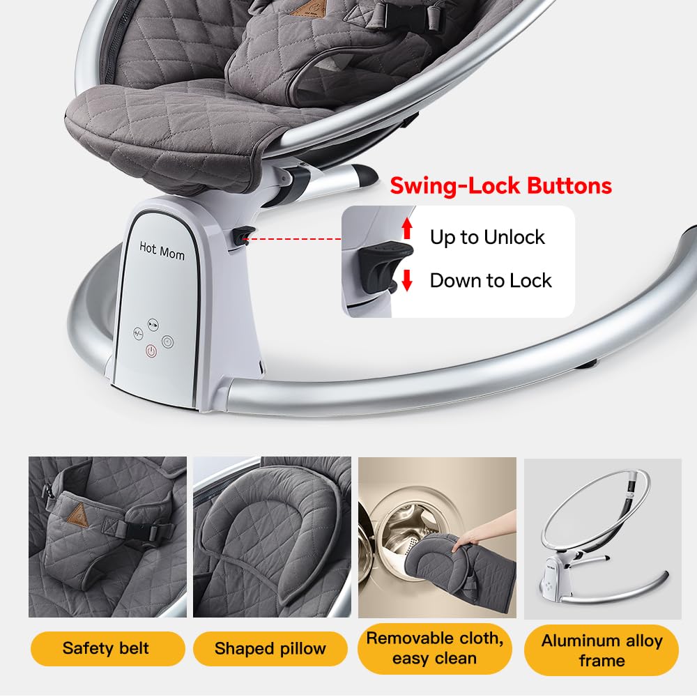 Smart Bluetooth Baby Swing with Music Speaker - Automatic Electric Baby Bouncer & Rocker for Infants - LED Touch Screen, Intelligent Timing - Perfect for Nursery, Daycare & Home Use (Grey)