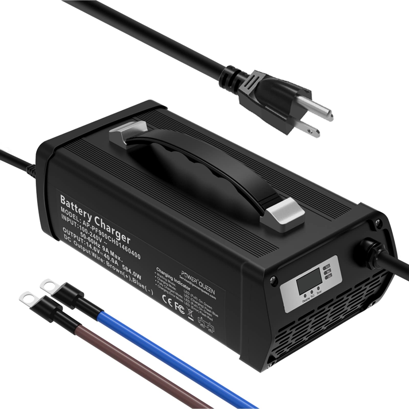Power Queen 14.6V 40A Lithium Battery Charger with LED Display - Fast Charging 12V Automotive Battery Maintainer for Lithium Batteries | Overcharge, Overcurrent, Short Circuit & Reverse Polarity Protection | Perfect for RVs, Boats, Motorcycles & Off-Grid Power Systems