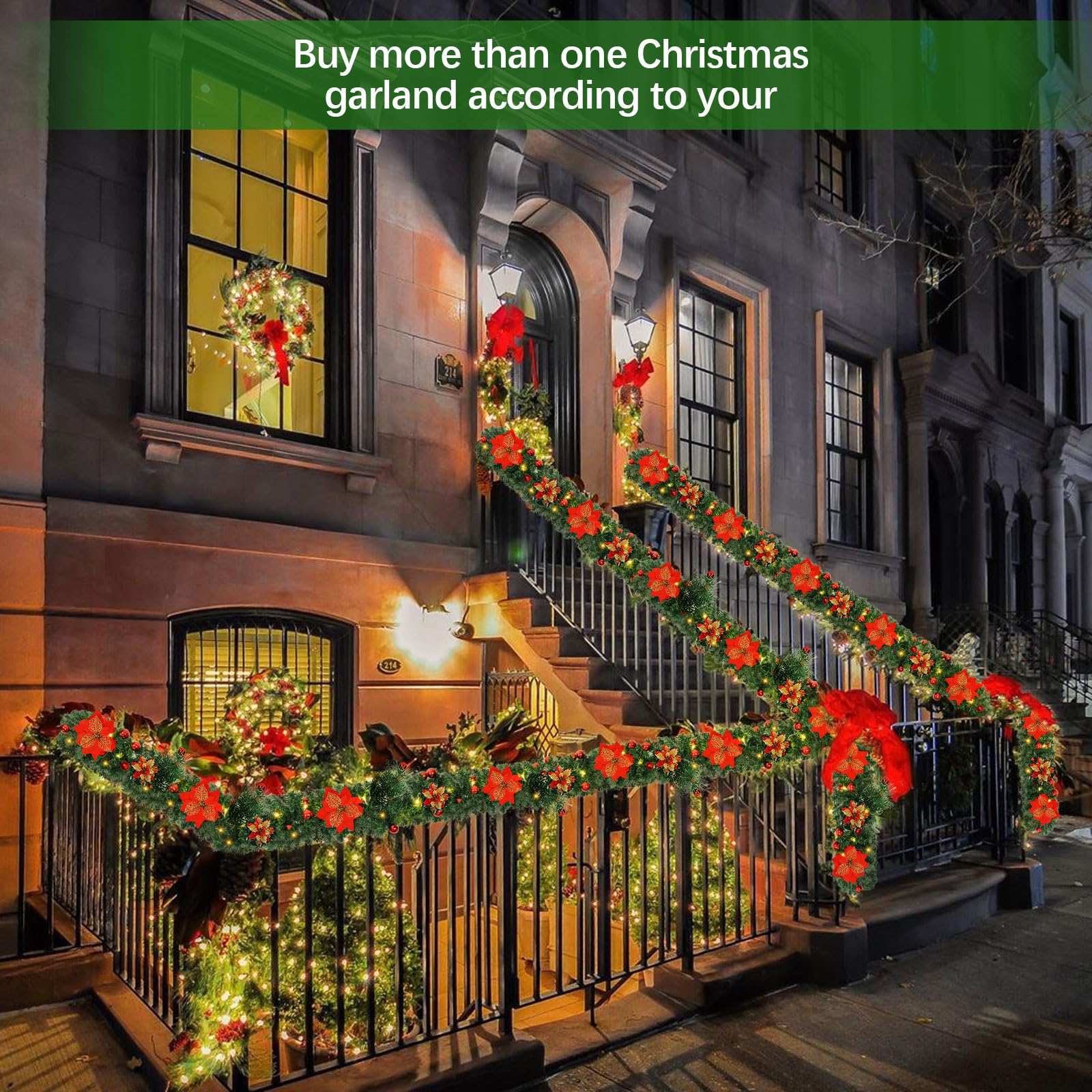 9FT Prelit Christmas Garland with 30 Warm LED Lights - Artificial Greenery Holiday Decor for Mantle, Fireplace, Stairs, Table - Indoor & Outdoor Xmas Decoration for Home, Office, Party